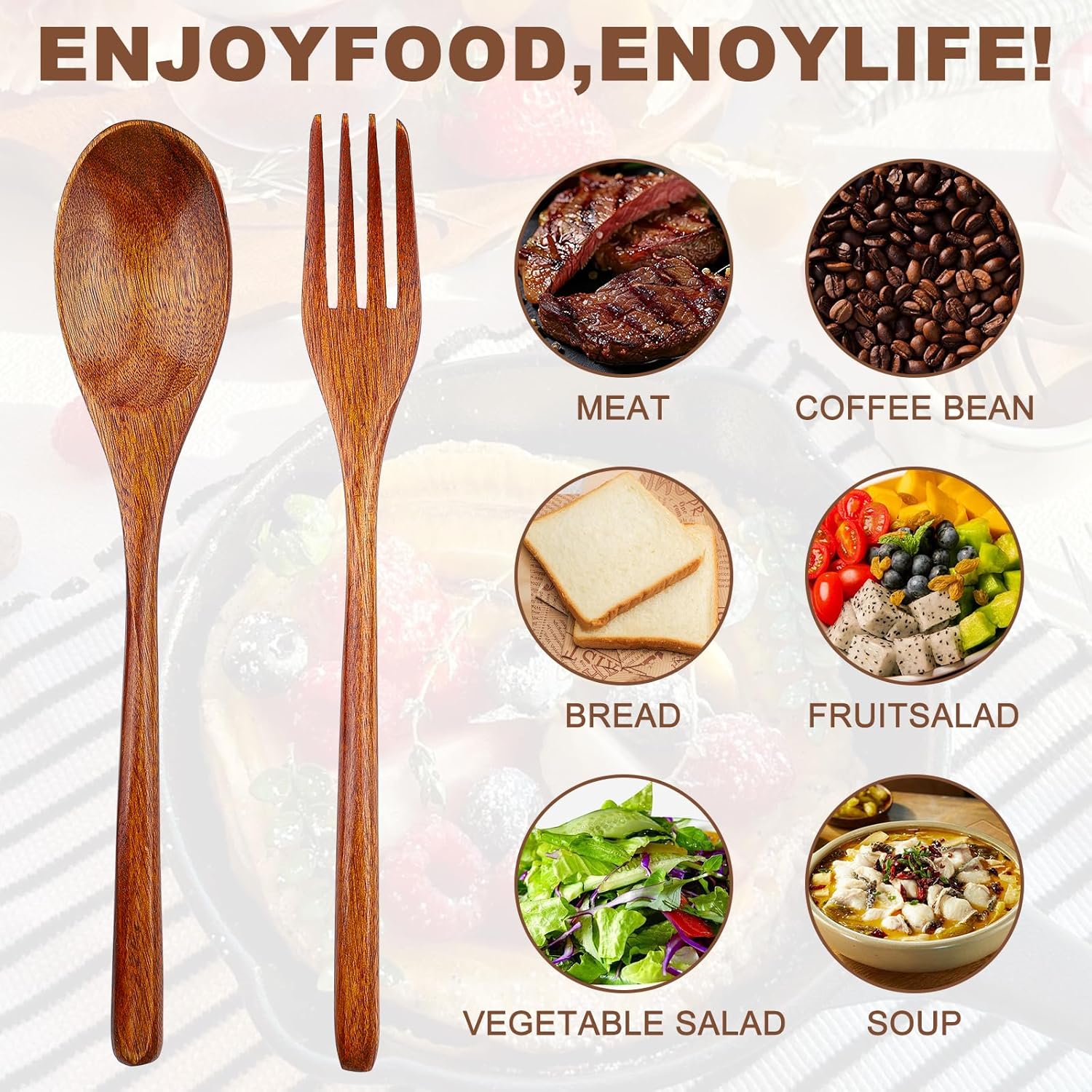 2Pcs Wooden Spoons and Forks - Reusable Wooden Utensil Set - Handmade Flatware Tableware Cutlery for Cooking Eating Kitchen Travel and Camping — image 5