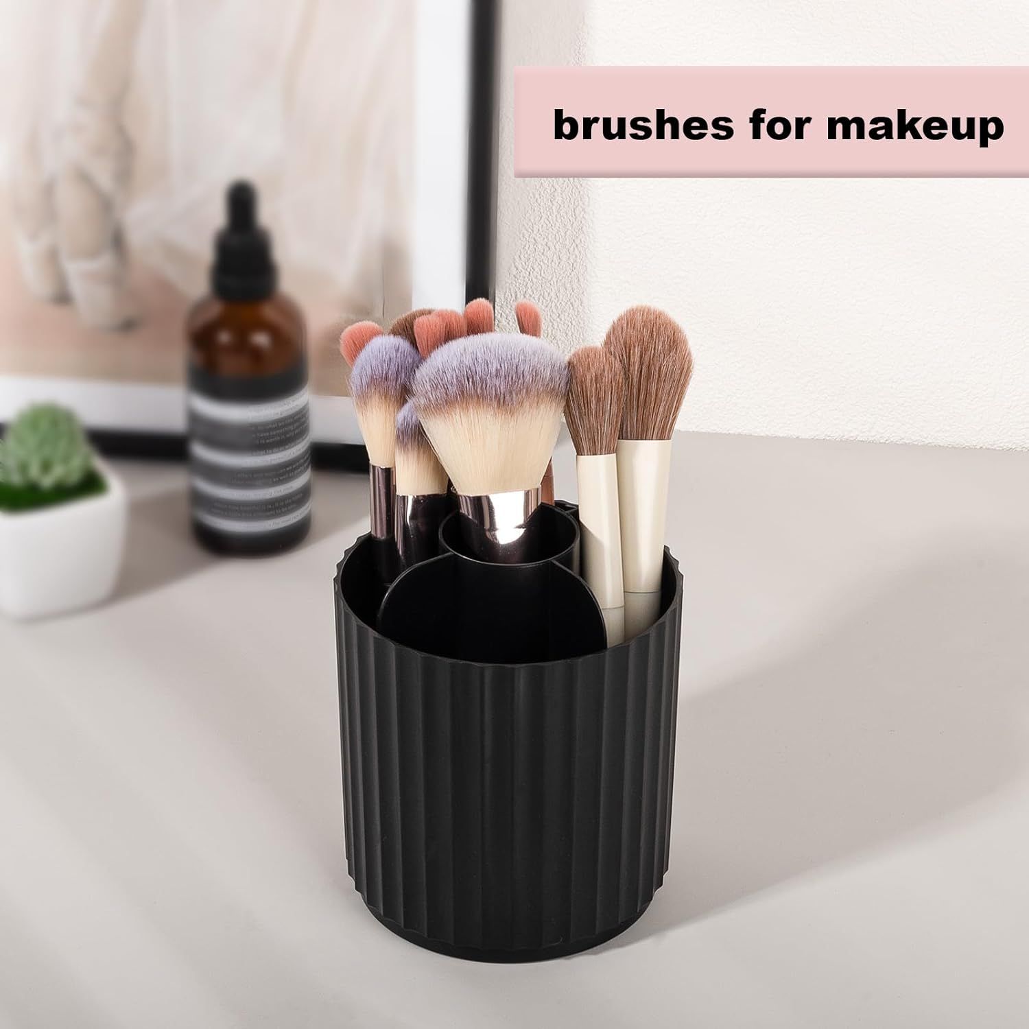 Makeup Brush Holder Organizer 360°Rotating Make Up Brushes Container for Vanity, Spinning Cosmetics Storage Cup, Stripe Black — image 2