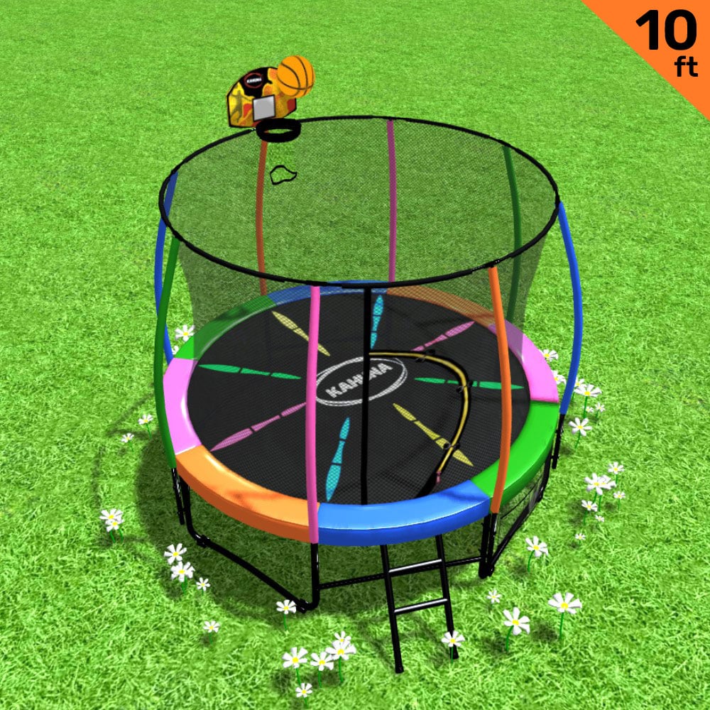 Kahuna 10ft Outdoor Trampoline Kids Children With Safety Enclosure Pad Mat Ladder Basketball Hoop Set - Rainbow โ image 2