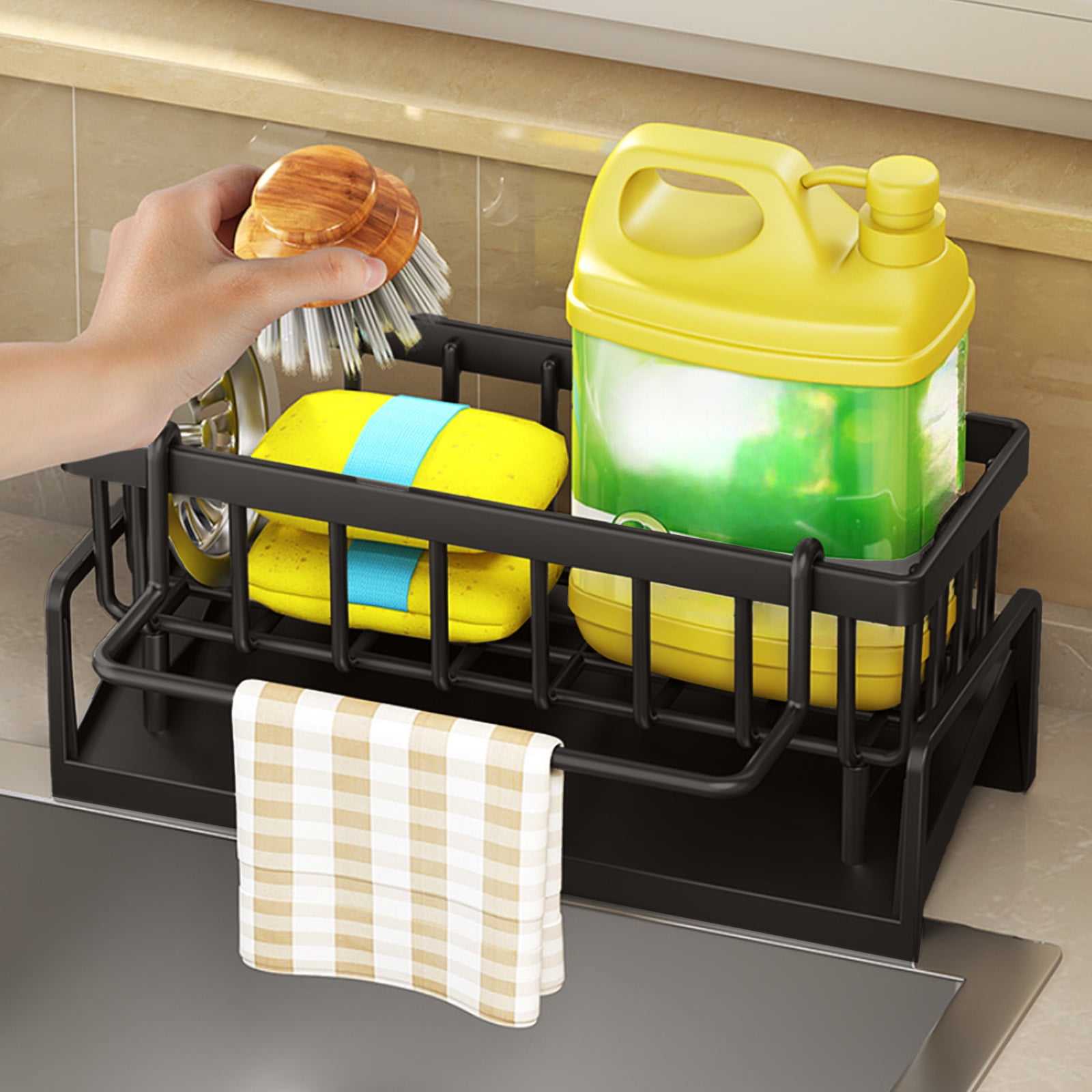 Sponge Holder for Kitchen Sink, Auto Draining Kitchen Sink Caddy, Rustproof Steel Dish Sponge Organizer with Removable Dishcloth Rack, Soap Dispenser Brush — image 6