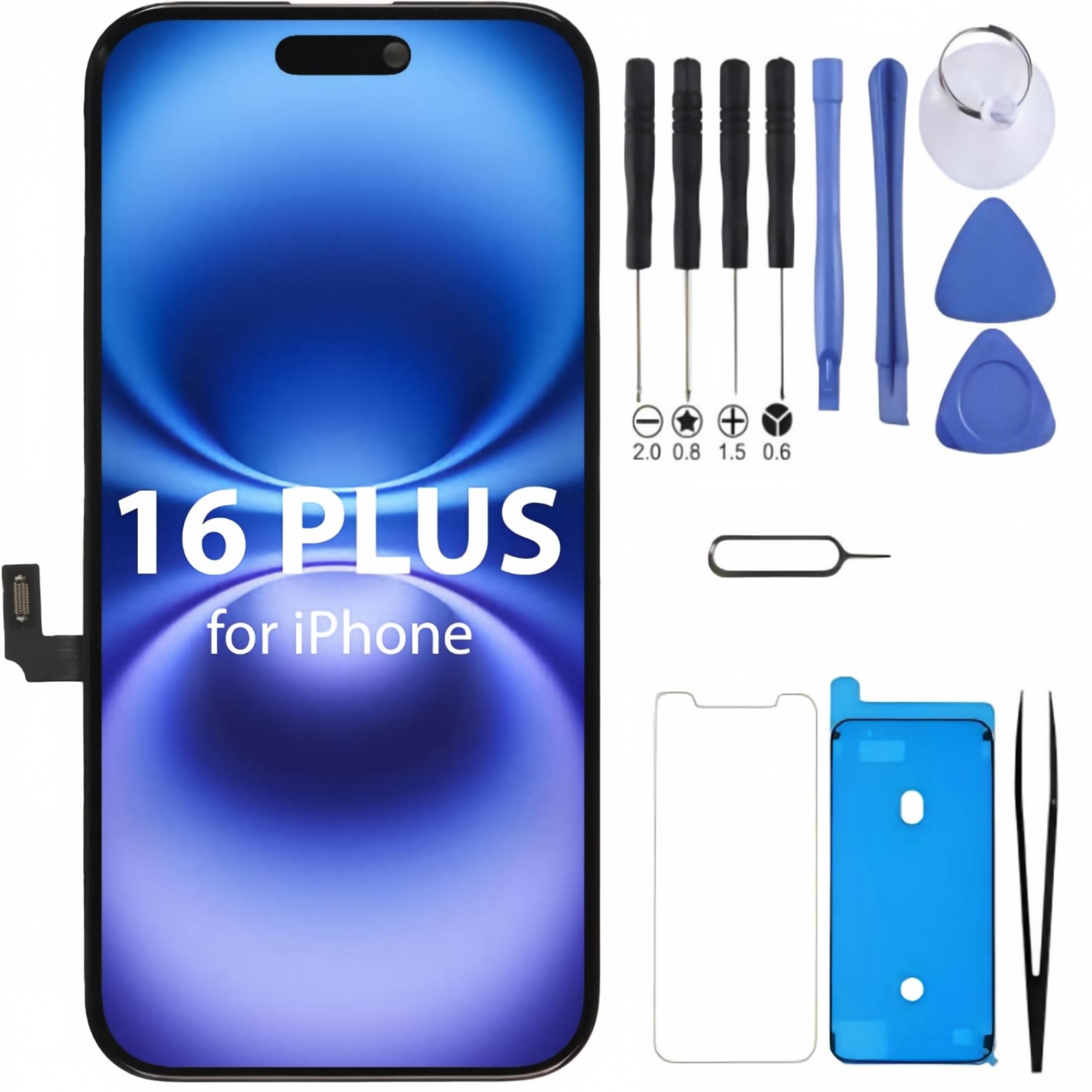 iPhone 16 Plus Screen Replacement, 6.7 Inch Incell LCD Display Touch Screen Digitizer, Comes with Full Repair Tool Kit and Tempered Glass Protector for iPhone