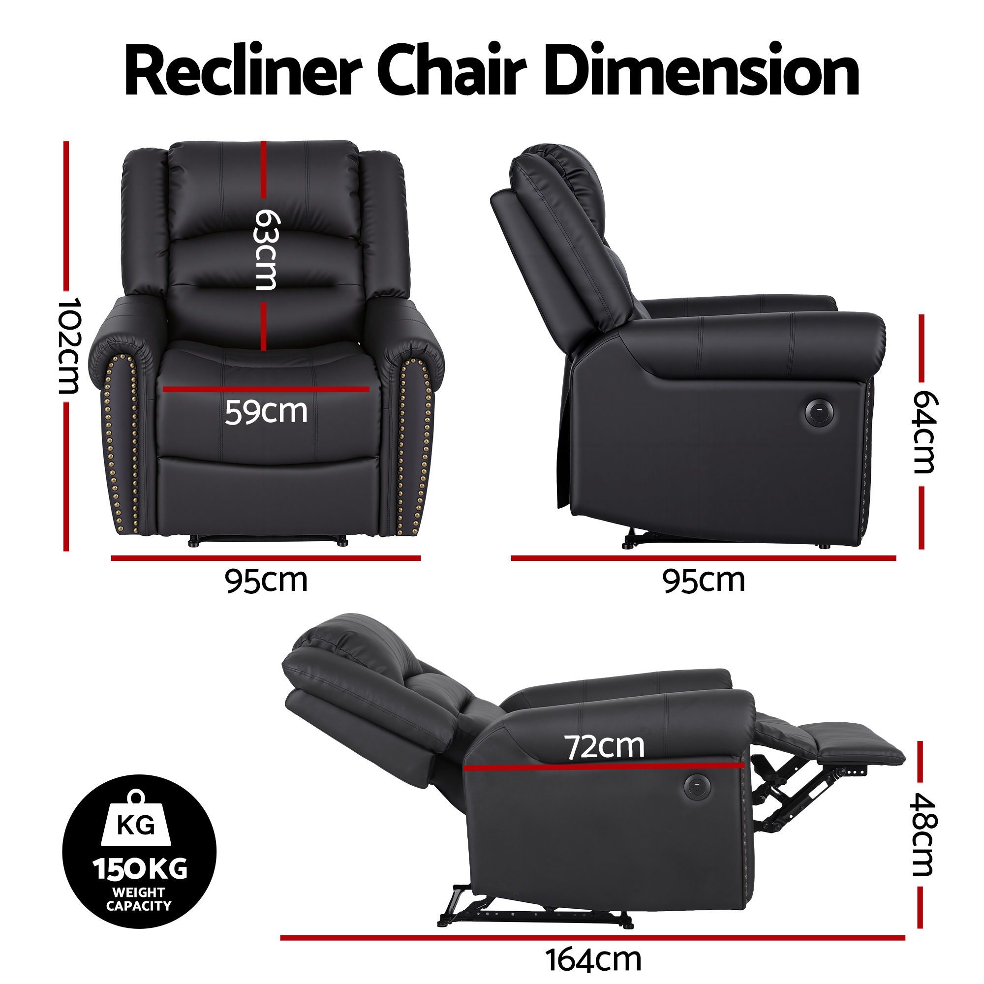 Artiss Leather Manual Recliner Chair with USB Charge Port, Overstuffed Armchair Sofa for Living Room and Nursery, Asjustable Theater Reclining Lounge with — image 2