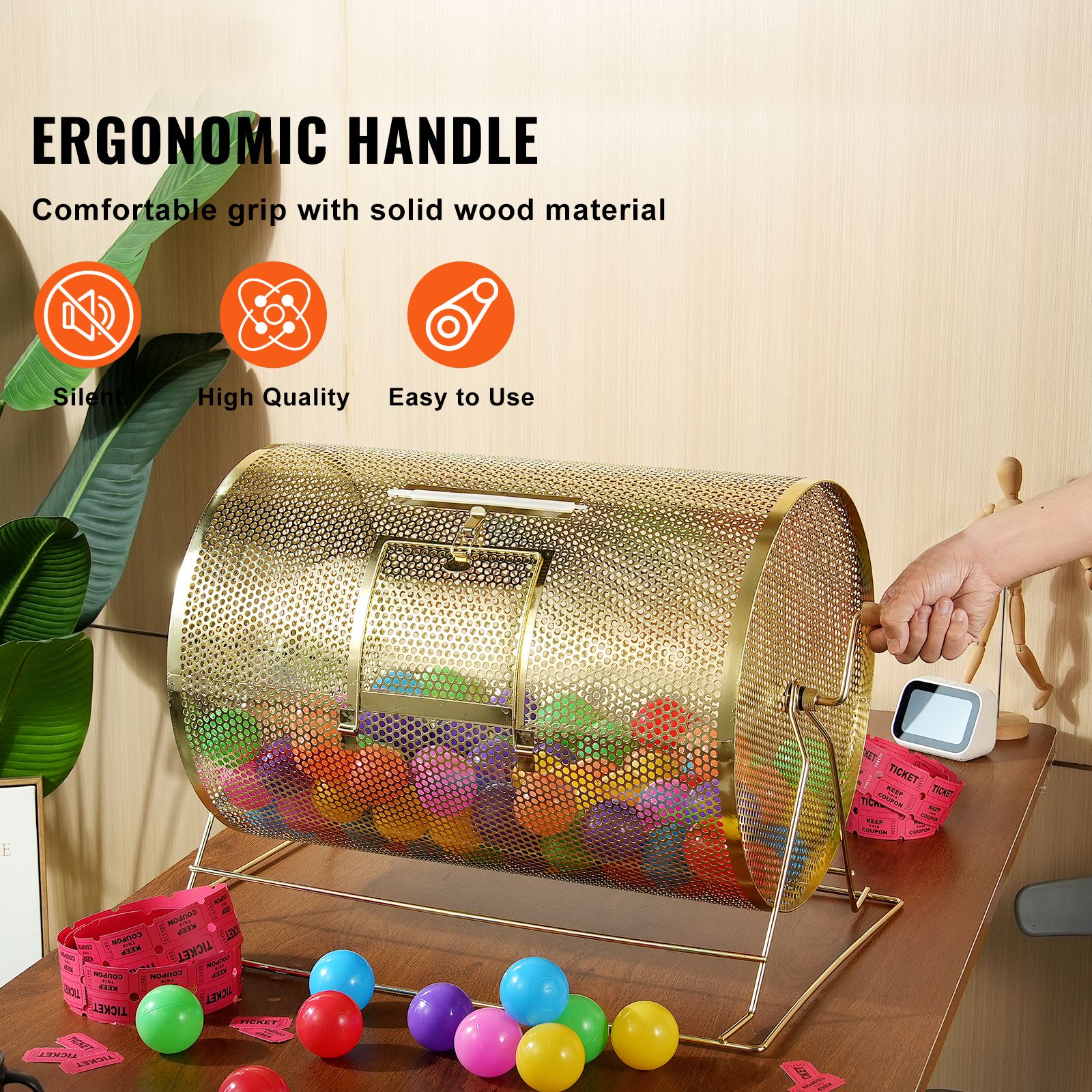 Raffle Drum, 14.8 x Ø21.26 inch Brass Plated Raffle Ticket Spinning Cage, Holds 10000 Tickets or 300 Ping Pong Balls, Metal Lottery Spinning Drawing with — image 5