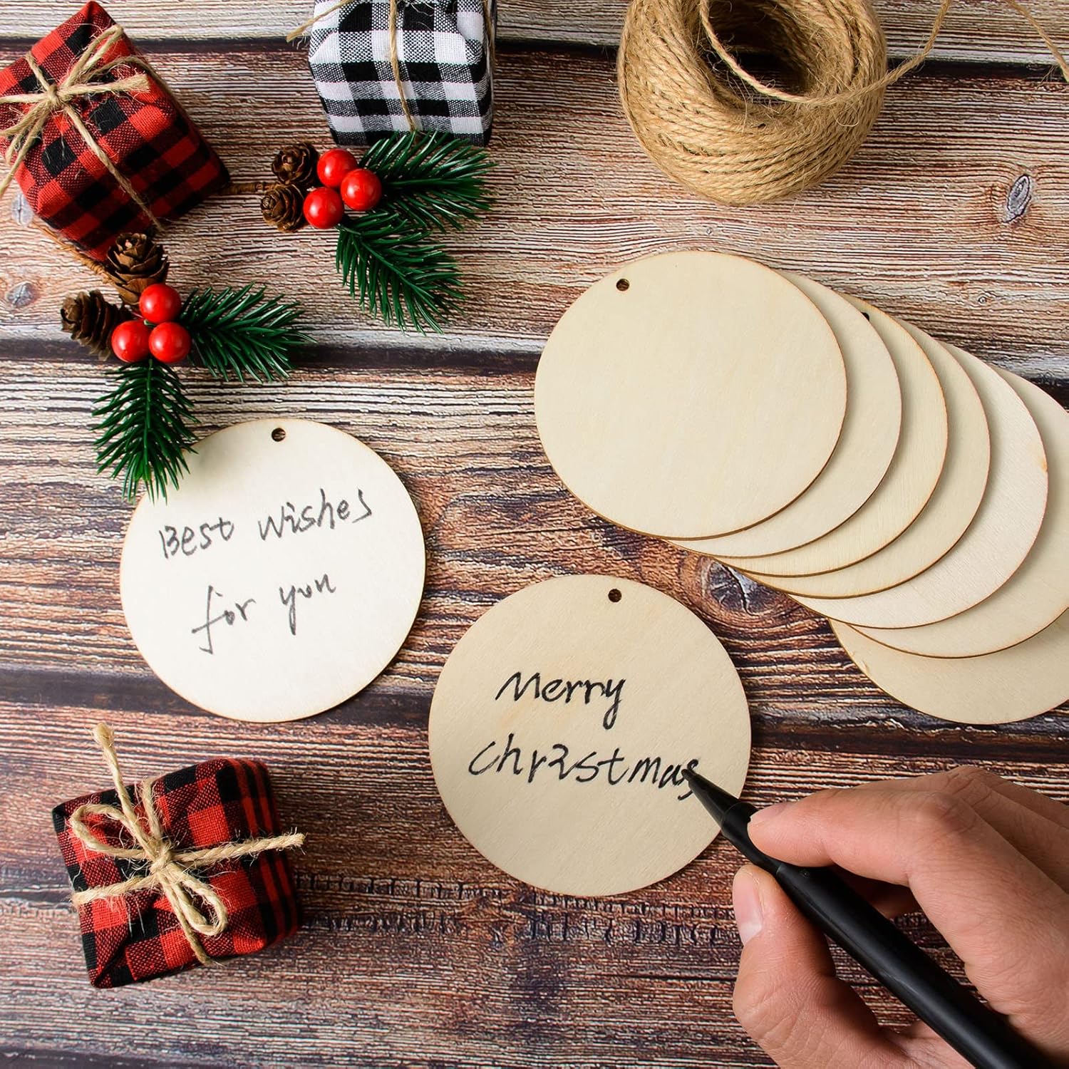 Wooden circles - Perforated - 60 pieces - Perforated wooden circles - Handwritten labels - Wooden hangtags - Blank wooden circles (for signs, ornaments, gift โ image 4