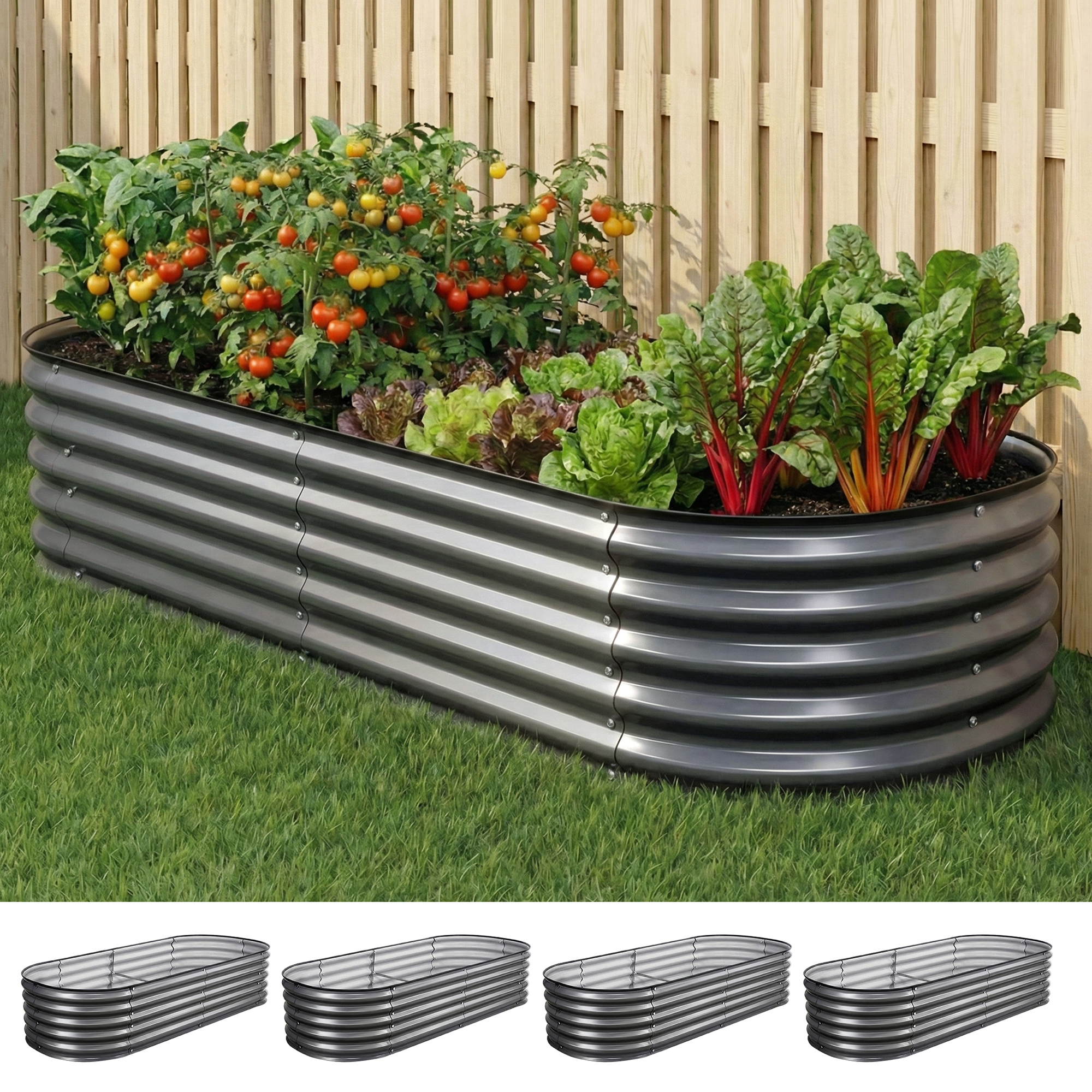 Green Fingers 4 Pcs Raised Garden Bed Kit Oval Galvanized Steel Planter Boxes 160x80x42cm, Heavy Duty Metal Elevated Garden Bed for Vegetables