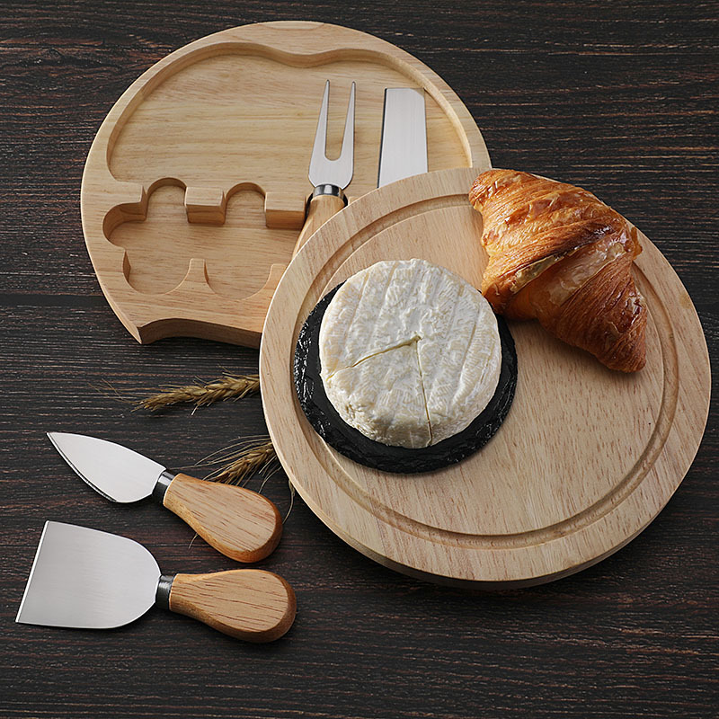 Brown And Silver Compact Round Rubberwood Cheese Board Set | 4 Stainless Steel Knives & Tools โ image 4