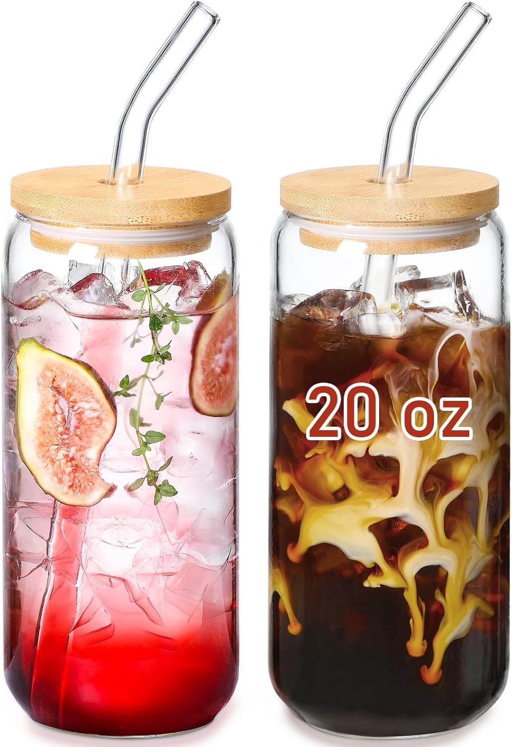 20 OZ Glass Cups with Bamboo Lids and Glass Straw - Beer Shaped Drinking Glasses Set, Iced Coffee Glasses, Cute Tumbler Cup, Aesthetic Coffee Bar Accessories