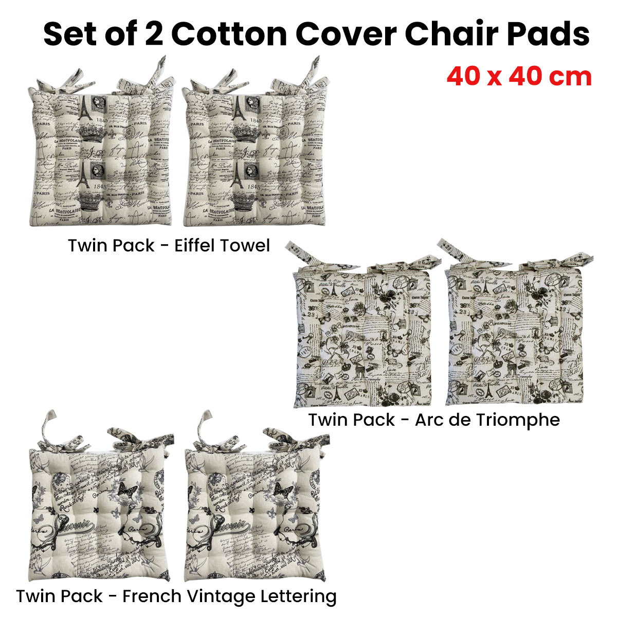 Set of 2 Cotton Cover Chair Pads 40 x 40 cm French Vintage Lettering — image 2