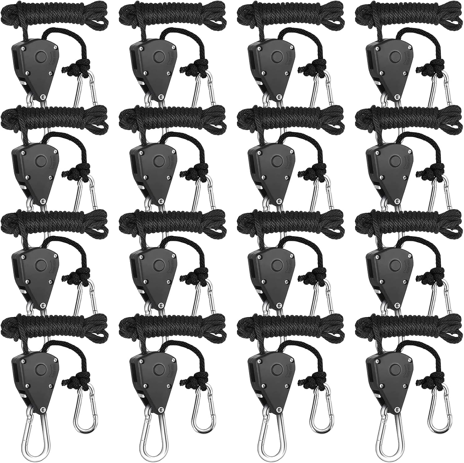 16pcs Heavy Duty Adjustable Lifting Pulley Ratchets Rope Clip Hanger Lanyard Strap with Aluminium Carabiners Internal Gears for Hanging Fixtures Reflectors