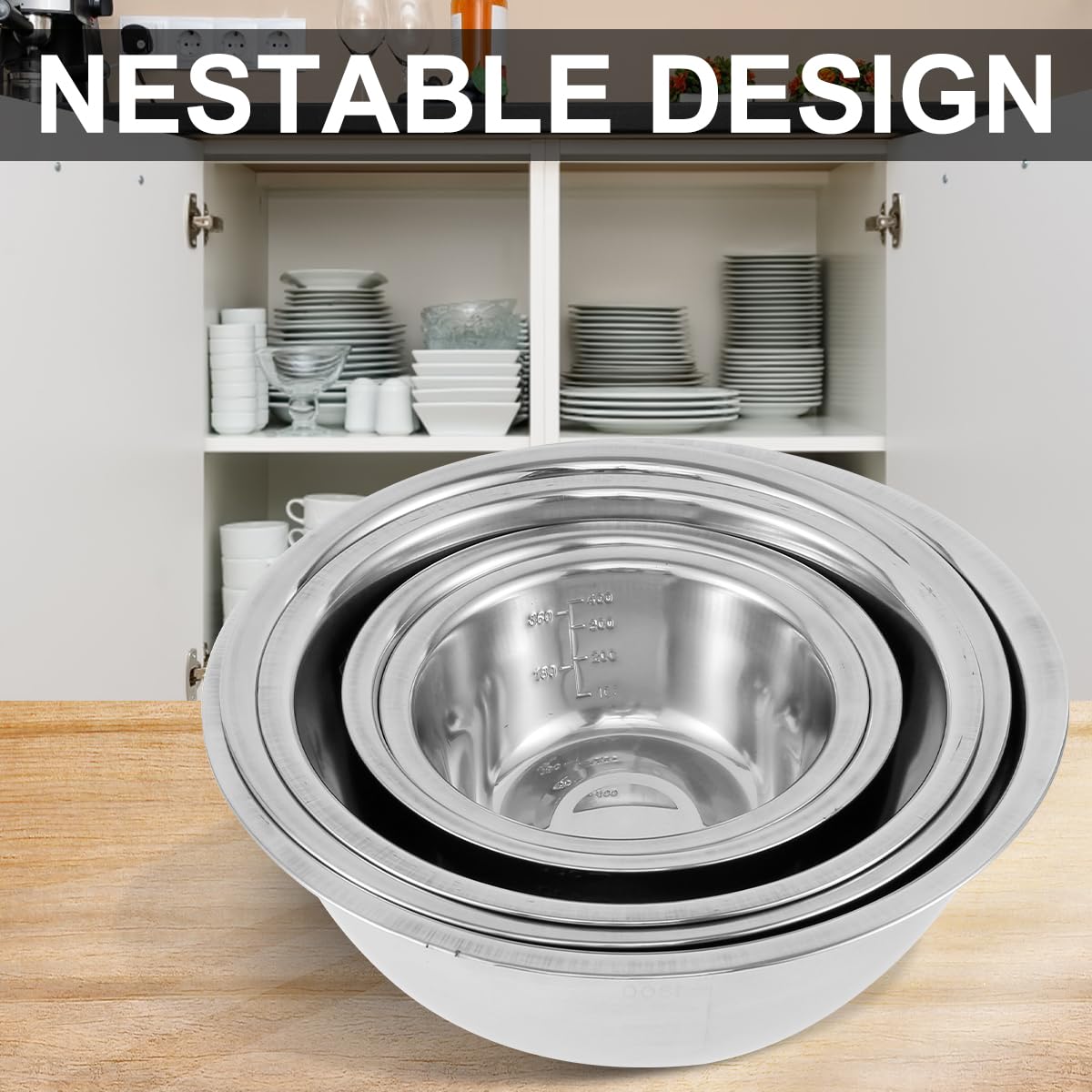 5-Piece Stainless Steel Mixing Bowl Set for Baking, Salad, Dough & Food Prep – Nesting Design with Measurement Marks and Durable Finish (Silver) — image 4