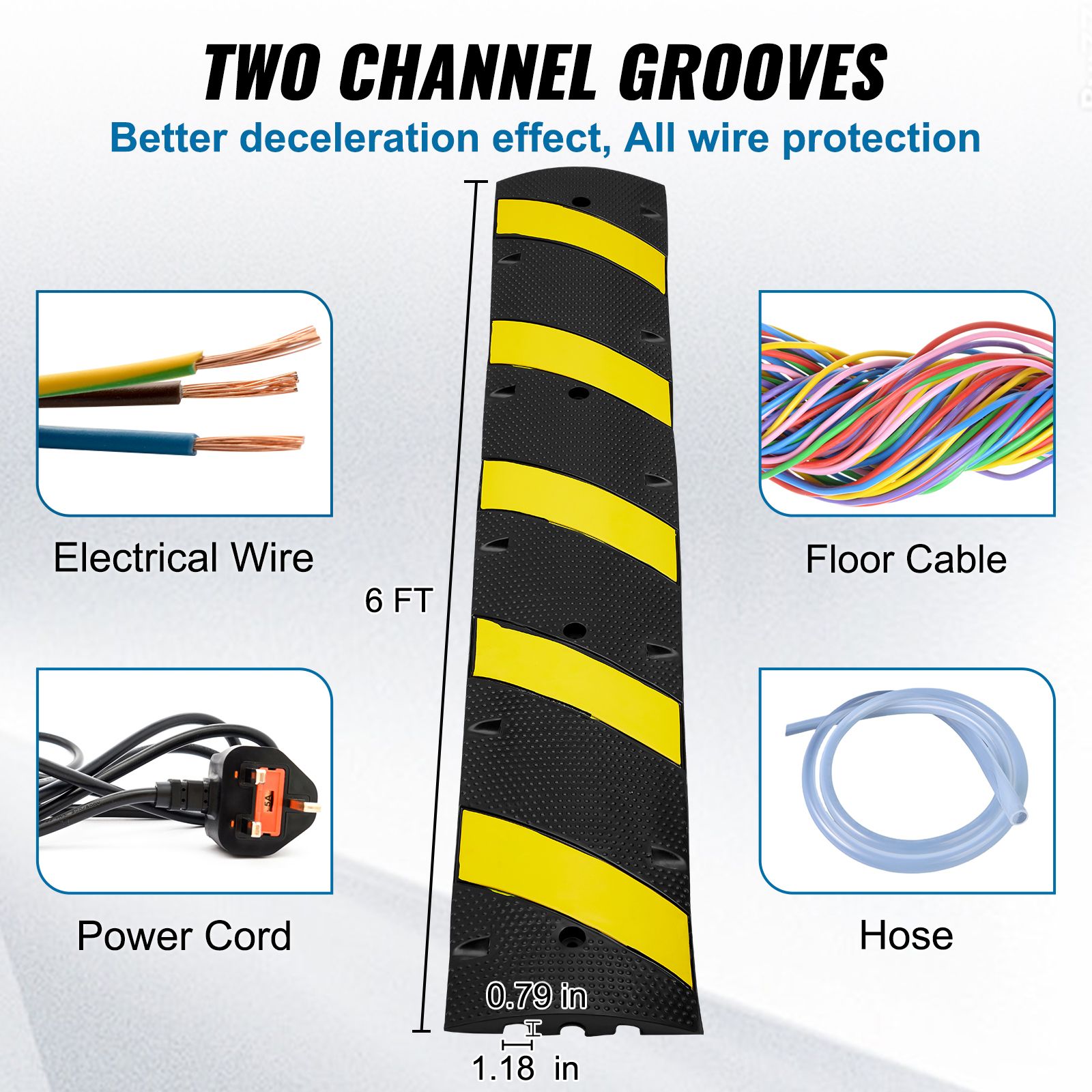 6 ft Rubber Speed Hump, 2 Channel, 10000 kg/axle Load Capacity Heavy Duty Traffic Speed Bump, with High Reflective Yellow Strip 4 Expansion Screws and 1 Drill โ image 3