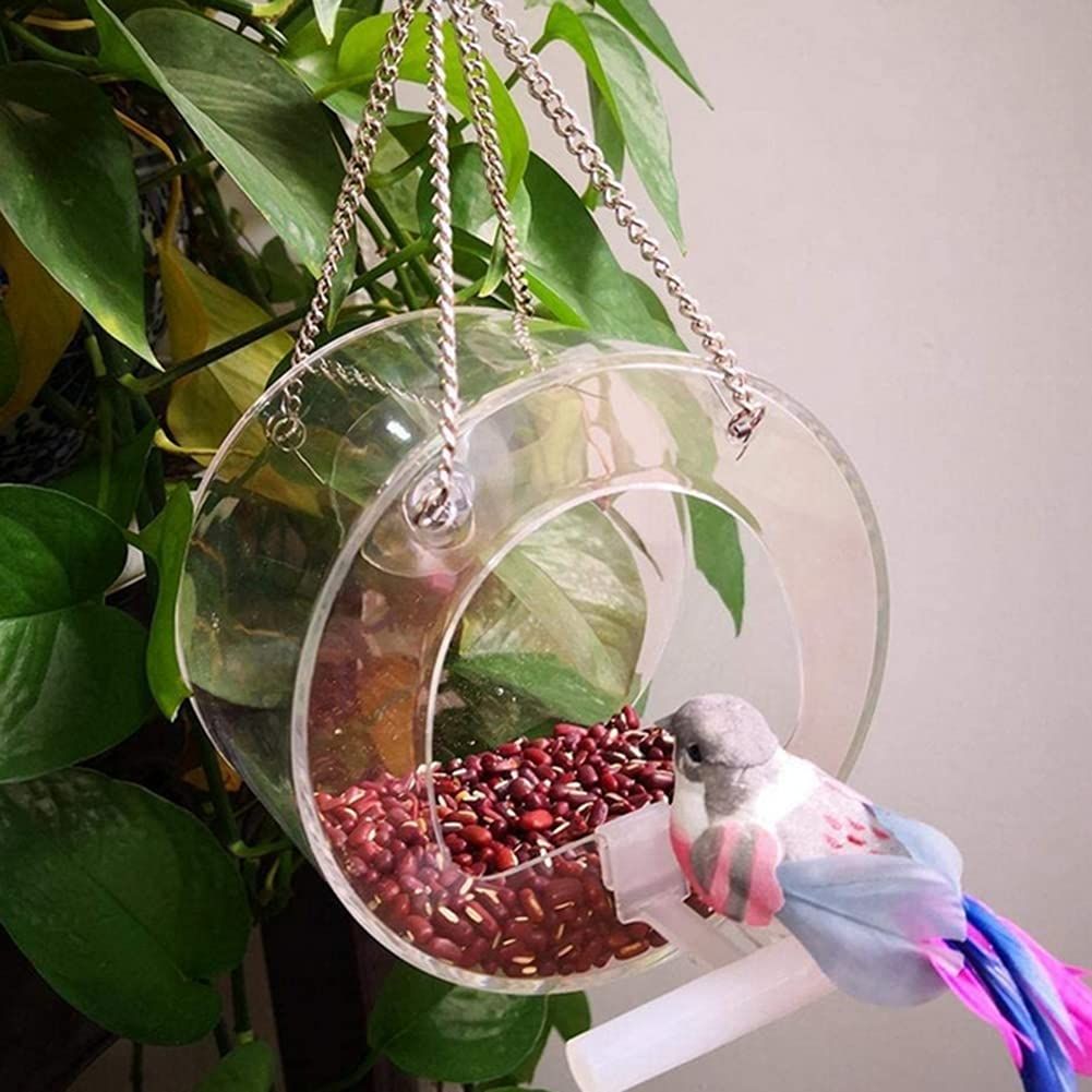 Round Acrylic Hanging Bird Feeder Bowl Transparent Food Cage for Small Birds Indoor Outdoor Feeding Rack for Canaries Parrots Finches โ image 2