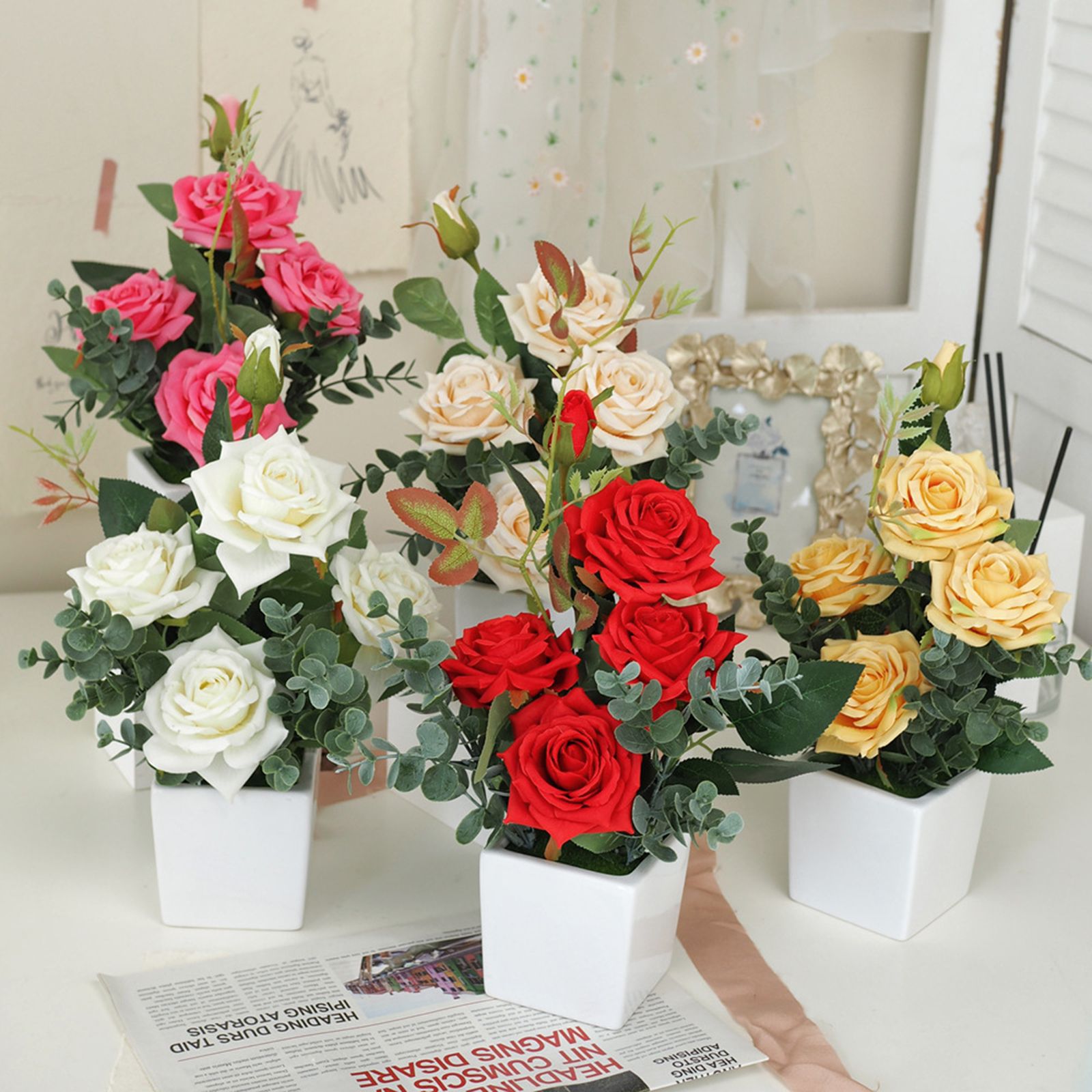 Rose Potted Plant Simulation Flowers Ceramic Small Bonsai Artificial Rose Potted — image 4