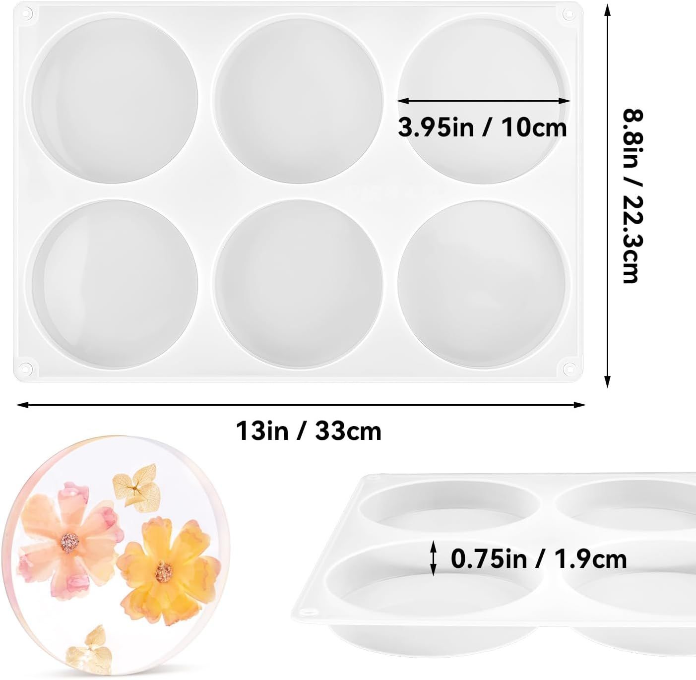 6 Cavity Round Silicone Resin Coaster Mould, Deep Epoxy Casting Mould for Drink Mats, Cups, Home Decor and DIY Craft Projects, 10.2 cm — image 3