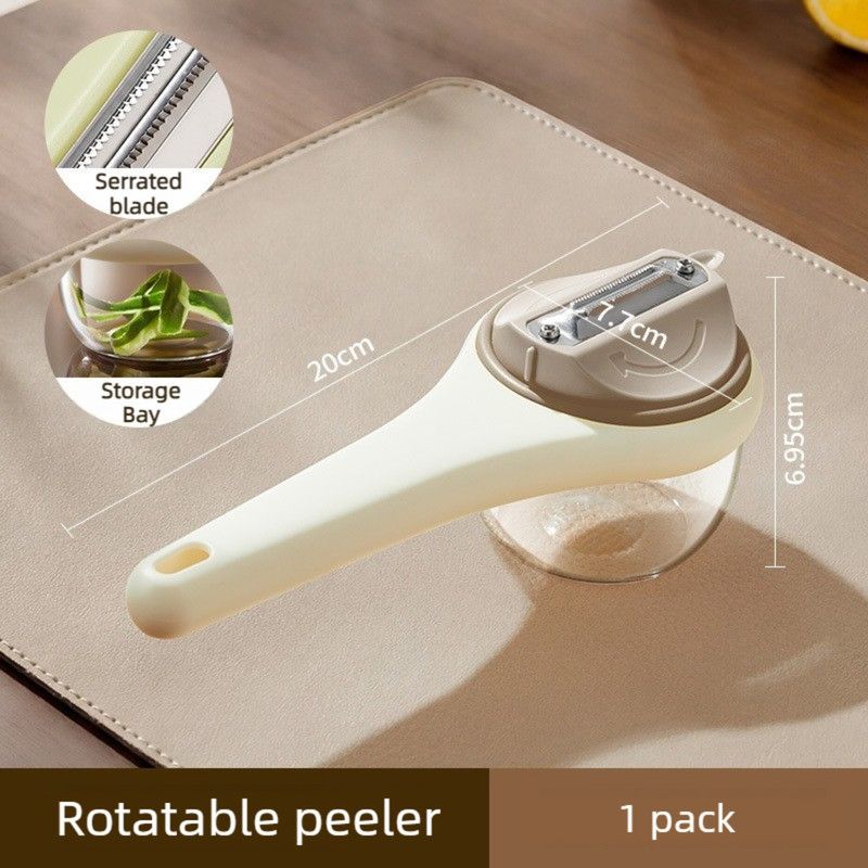 Rotatable Vegetable Peeler with Peel Storage Container, Anti-Splash Stainless Steel Peeling Tool—Beige