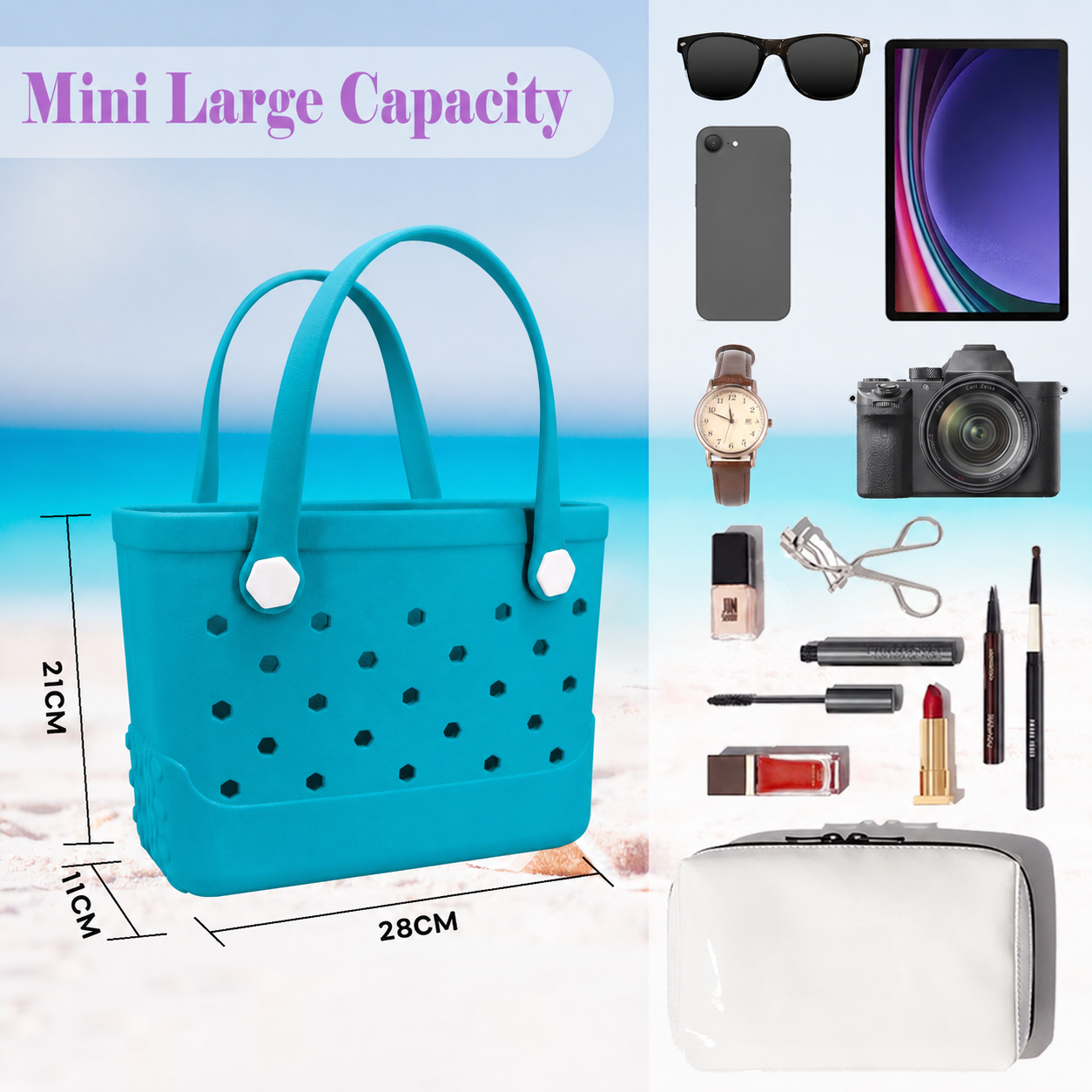 Waterproof Hexagon Mesh Beach Bag - Large Capacity Travel Storage Tote for Swimwear Towel Sunglasses - Lake Blue Small 28x21x11cm โ image 4