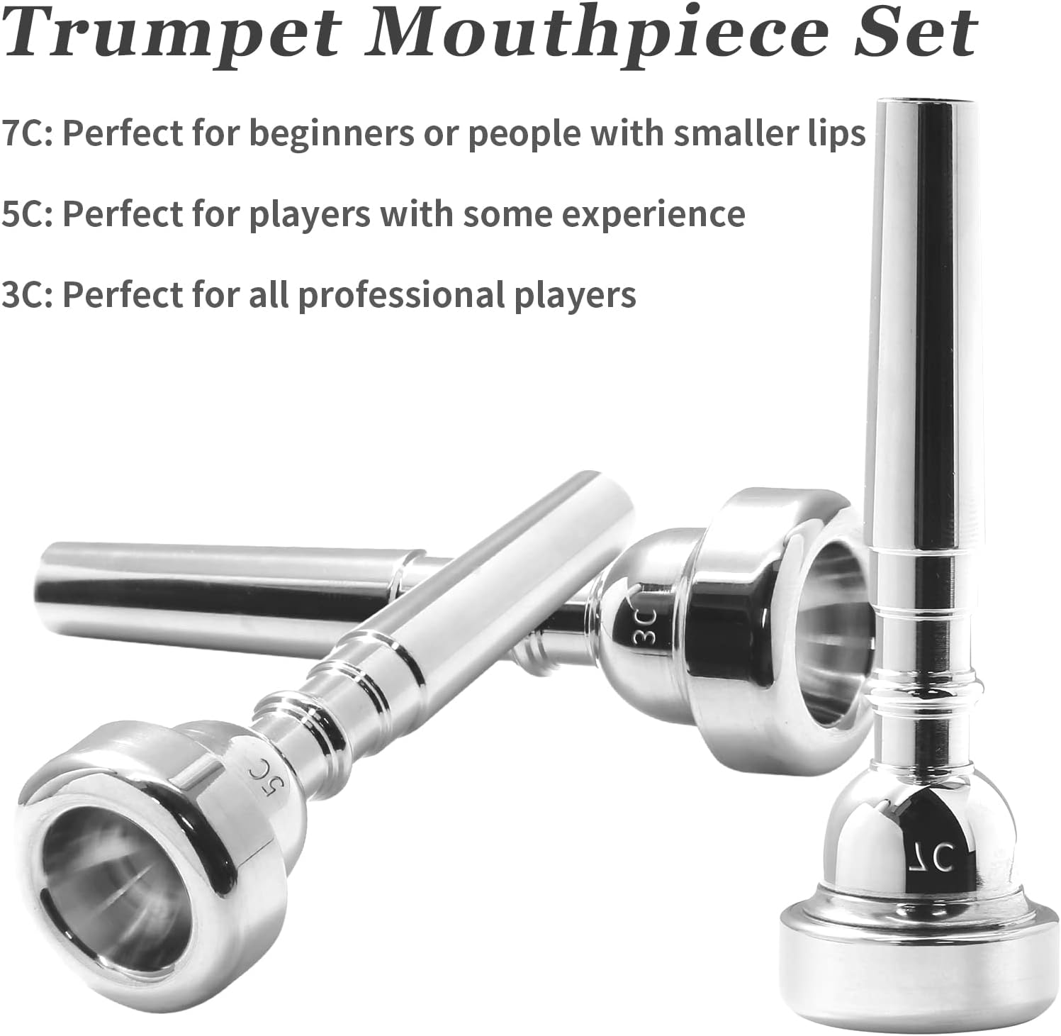 Biaungdo Trumpet Mouthpiece 7C 5C 3C, 3 Pcs Brass Material Silver Plated Trumpet Mouthpiece Set for Professional Players, Beginner β image 4