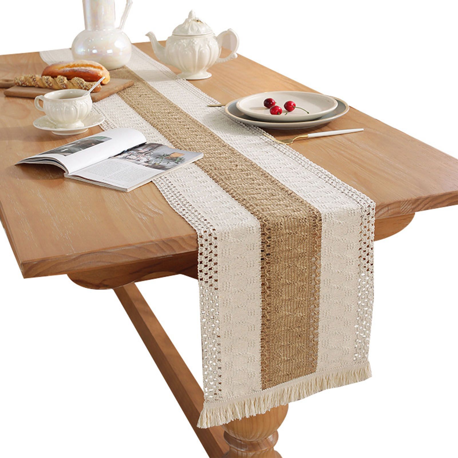 Rustic Table Runner Macrame Table Runner Cotton Desk Decoration for Holiday Party Farmhouse Wedding 180 × 30cm Coffee Color