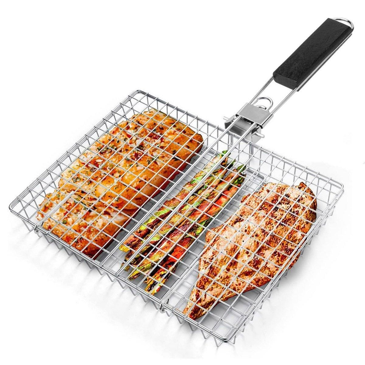 Barbecue Grilling Basket Portable Folding Stainless Steel Grill BBQ Food Holders — image 2