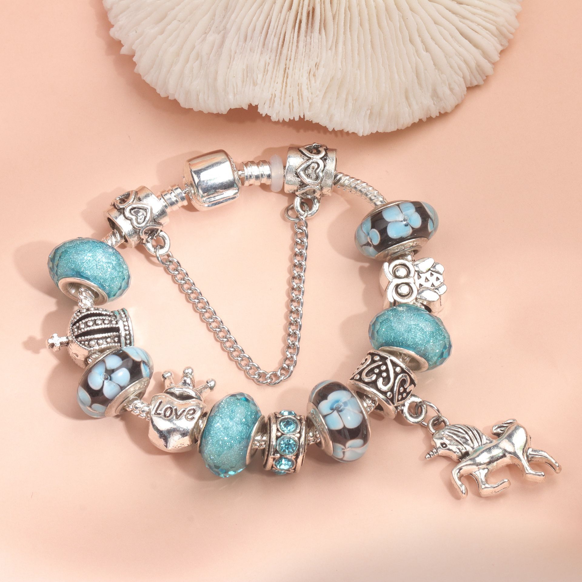 Vintage Water Glass Rhinestone Heart Crown Beaded Unicorn Pendant DIY Bracelet(19cm) โ image 3