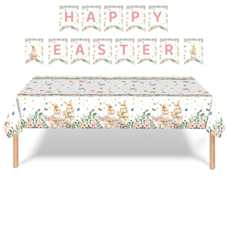 Easter Party Decoration Set – Floral Bunny Tablecloth 137 × 274cm + Happy Easter Banner, Spring-Themed Decor for Festive Gatherings