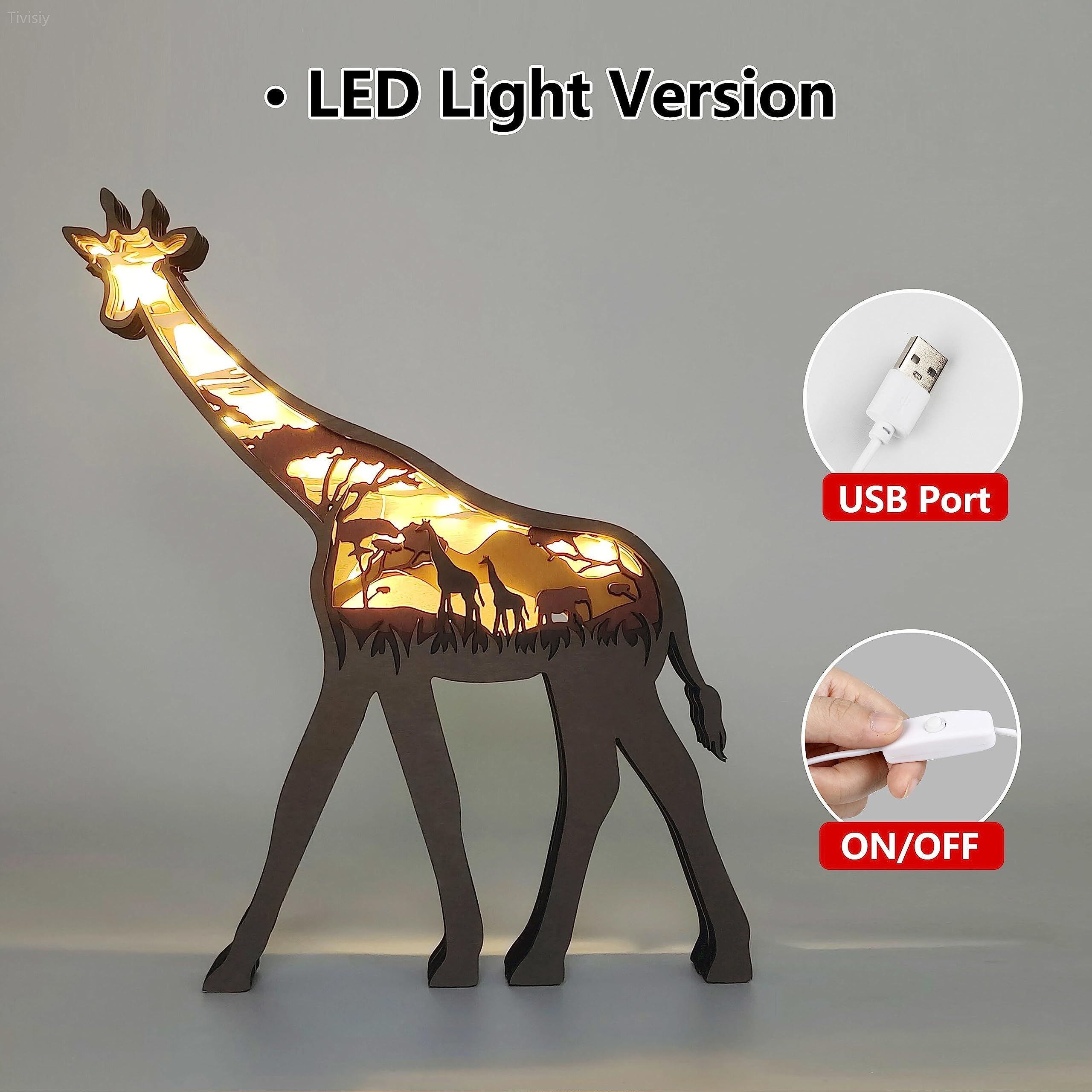 3D Wooden Animals Carving LED Night Light, Wood Carved Lamp Modern Festival Decoration Home Decor Desktop Desk (Giraffe) — image 2