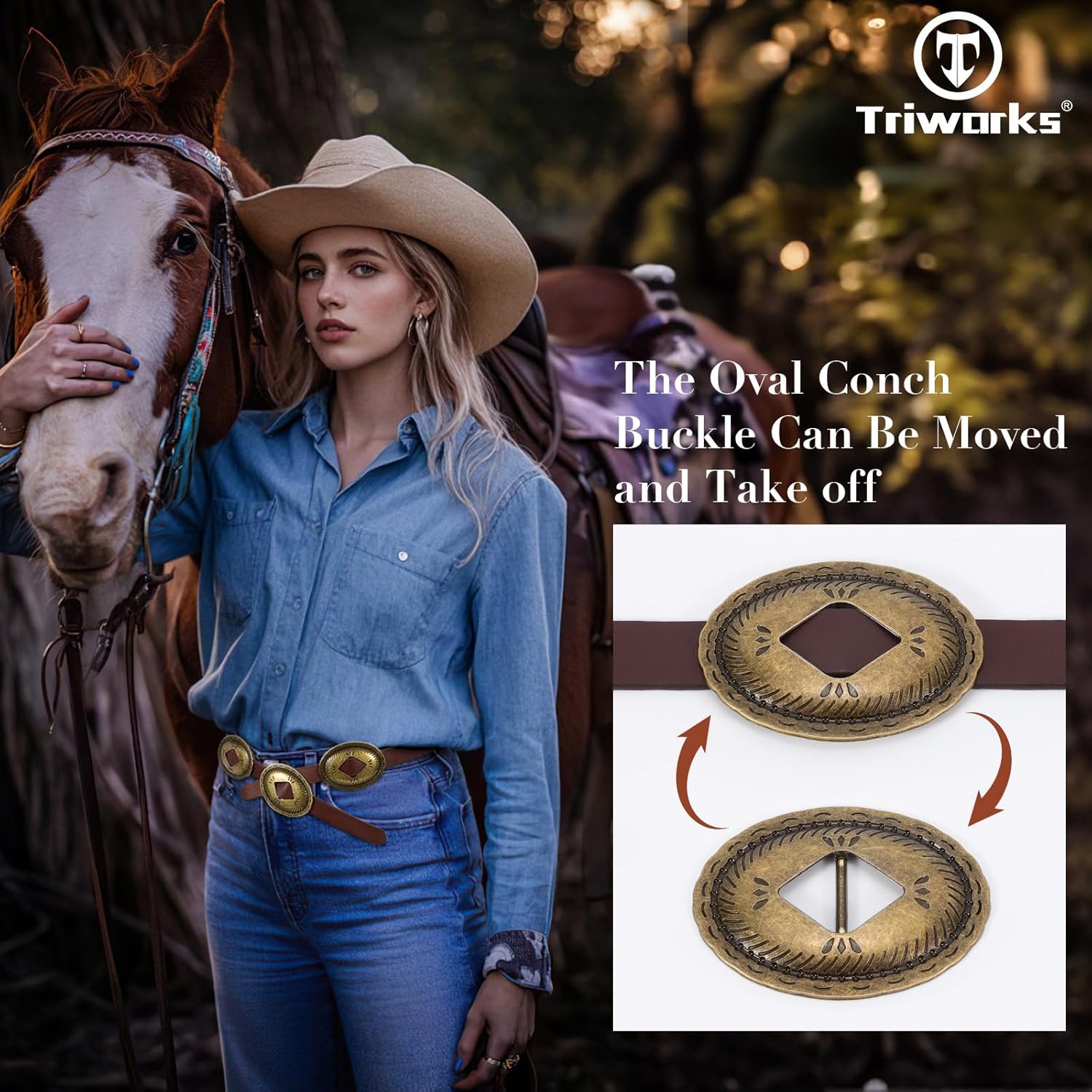 Western Belts for Woman Oval Concho Belt Cowgirl Belt Boho Disc Belt Buckle for Dress Jeans Country Concert Outfit — image 5
