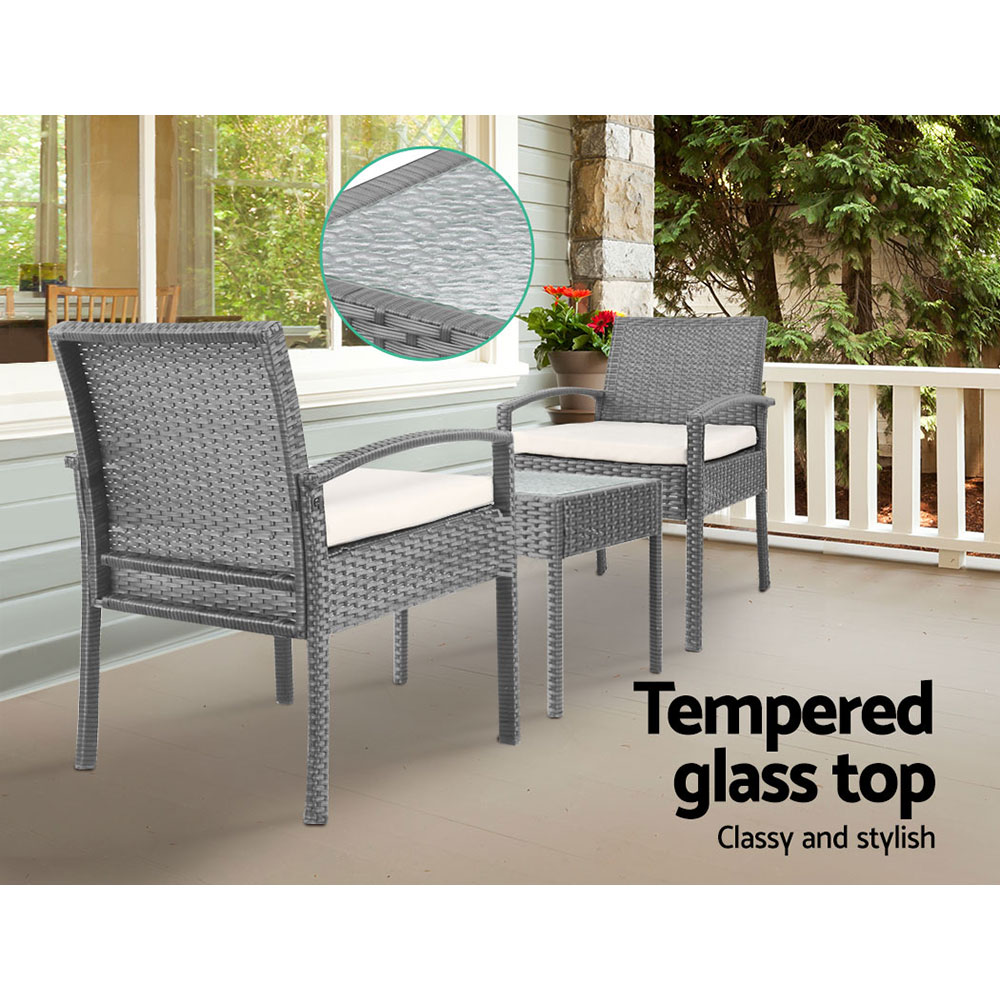 Gardeon 3PC Patio Furniture Bistro Set Wicker Outdoor Lounge Setting Grey — image 6