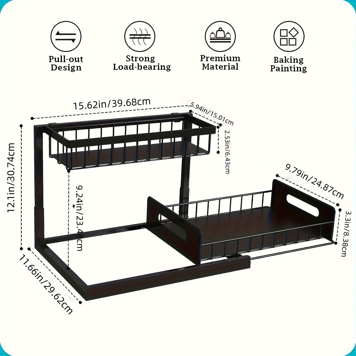Kitchen sink storage box, pull-out cabinet storage box 2-layer sliding sink rack cabinet storage rack, kitchen bathroom cabinet sink drain storage pull-out — image 2