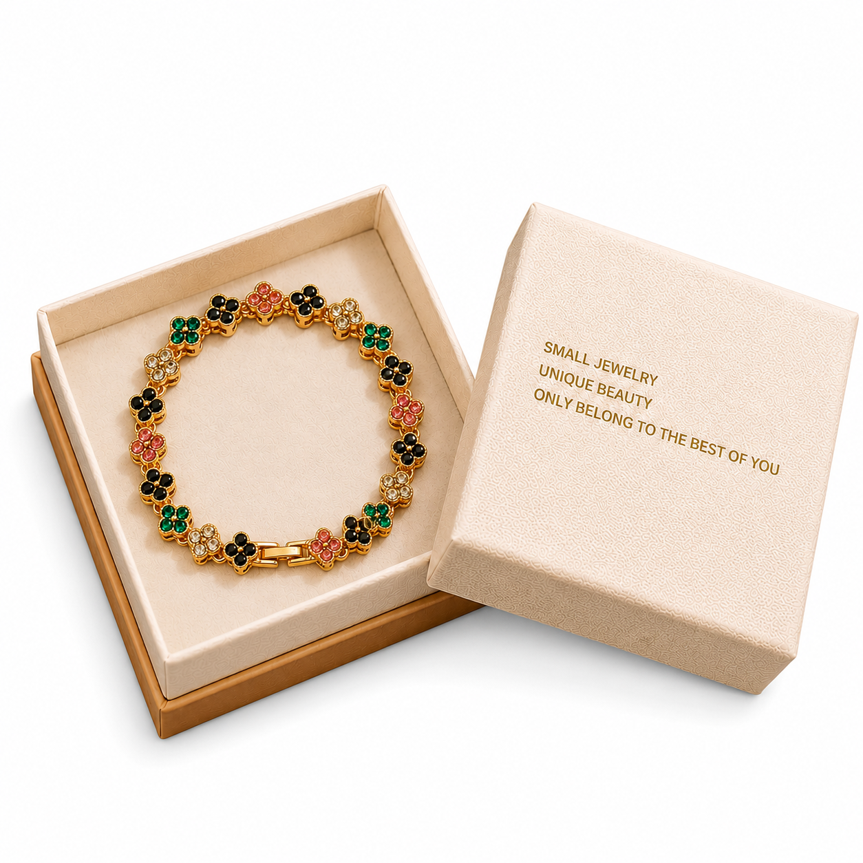 Gold and Color Four-Leaf Clover Zircon Bracelet - Gold-Tone Alloy Lucky Charm Wristband with Full Crystal Pave, 22cm Elegant Fashion Jewellery for Women