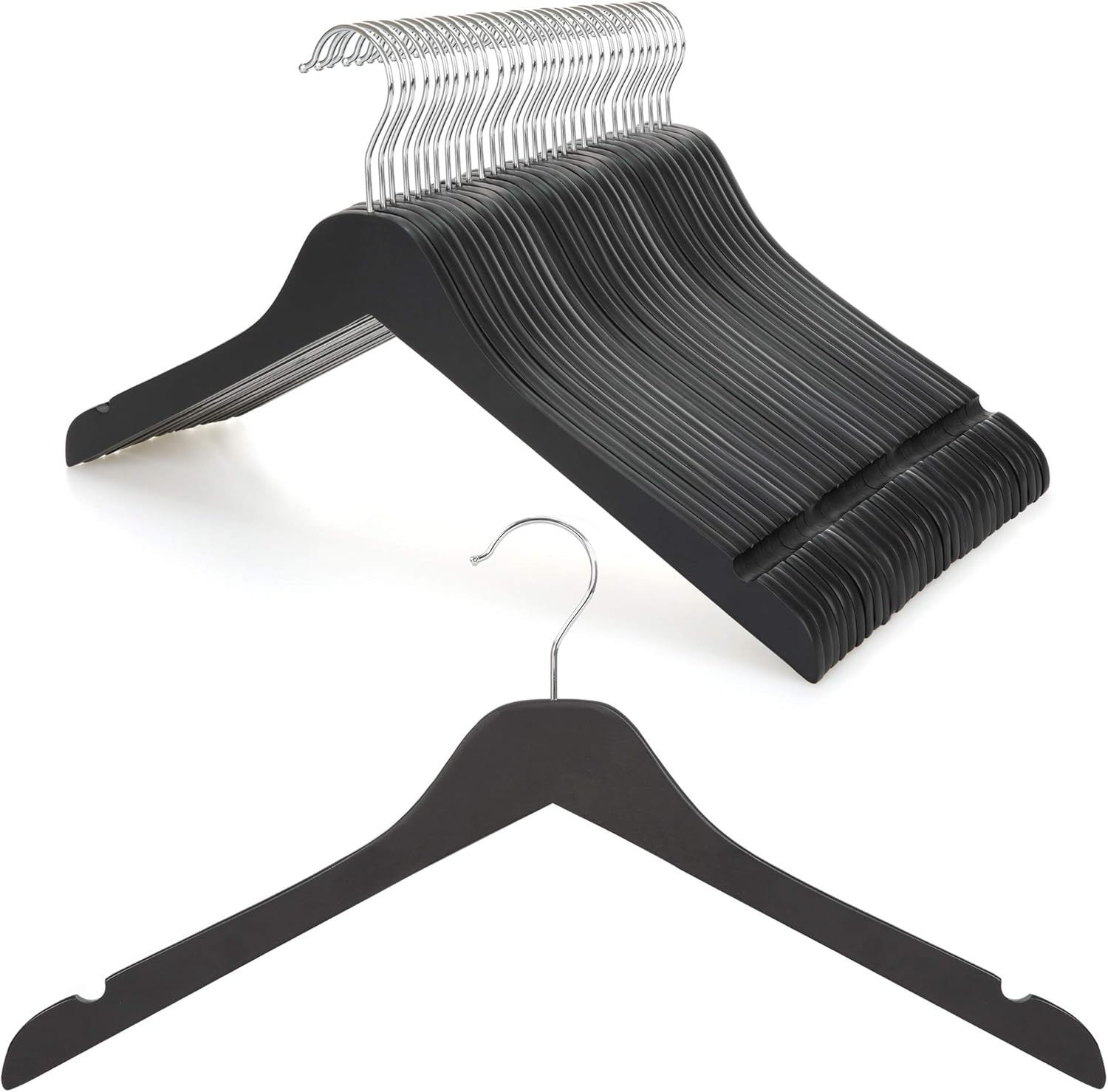 TOPIA HANGER Black Wooden Hangers 30 Pack, 0.28-inch Thick Slim Wood Clothes Hanger with Flat Design and Smooth Notches, Lightweight Space Saving Hangers for