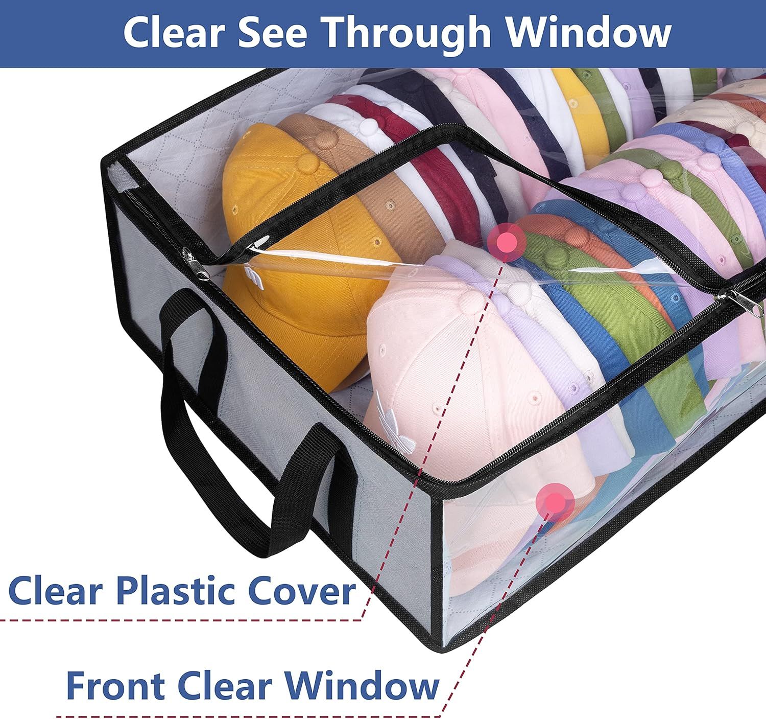 Large Capacity Foldable Hat Organizer Storage Box with Clear See-Through Window for Baseball Caps, Clothes, Toys, and Books, Underbed and Closet Container — image 3