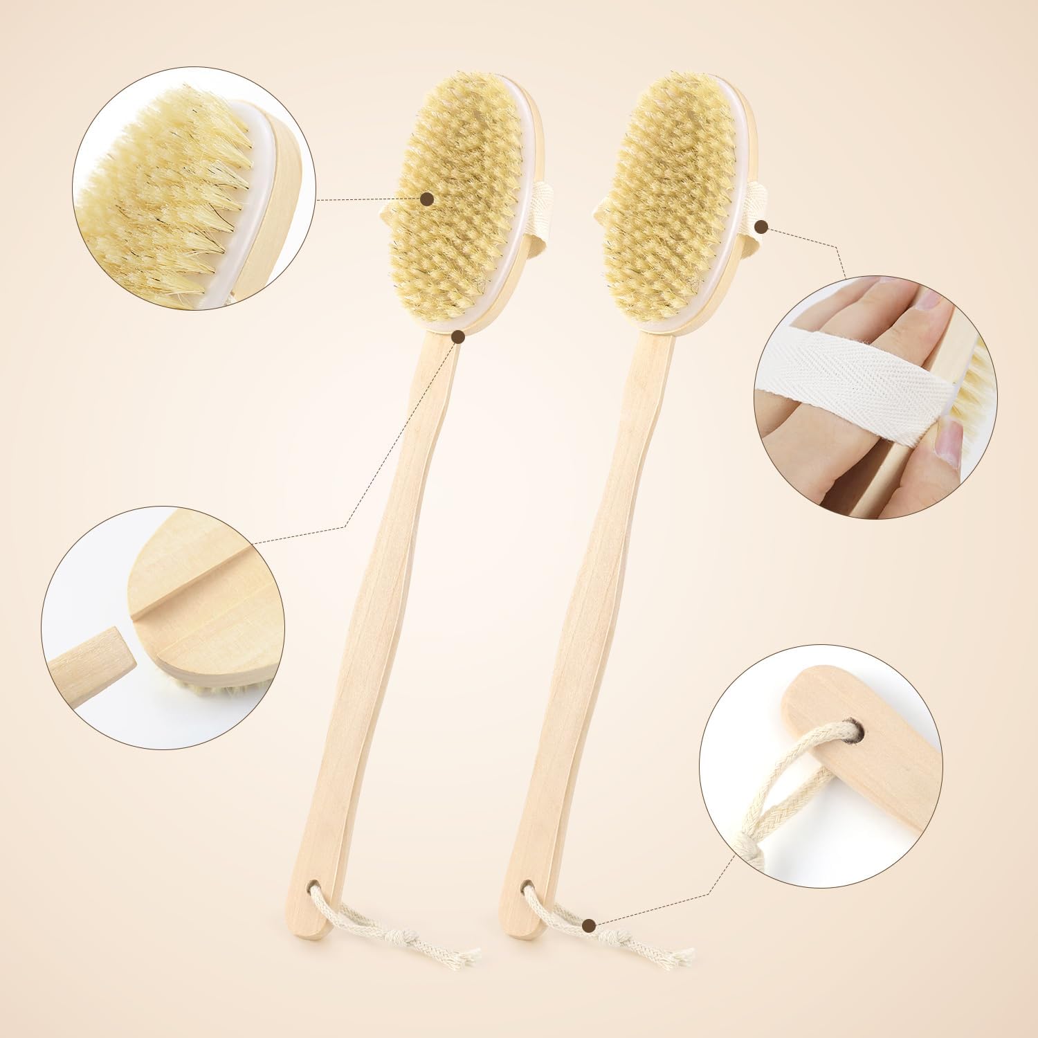 2 Pack Detachable Bath Bristle Brush, Wood Long Handle Dry Brushing Body Brush for Shower โ image 4