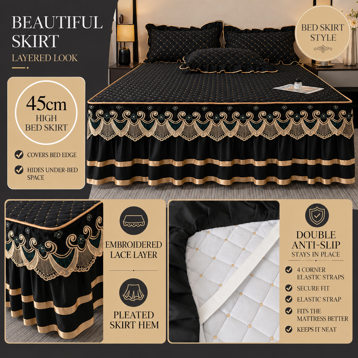 Black and Gold European Soft Brushed Quilted Bed Skirt + 2 Pillowcases Set - Breathable Padded 150 x 200CM Mattress Cover with Lace Trim and 45CM Elevated — image 3