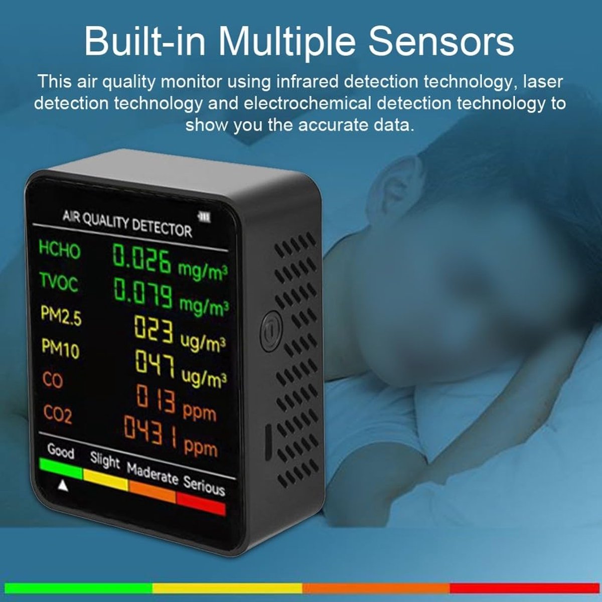 Air Quality Monitor - 6 Functions - Detects PM2.5, PM10, HCHO, TVOC, CO, CO2 - Suitable for monitoring indoor air, testing office spaces, inspecting car air — image 2