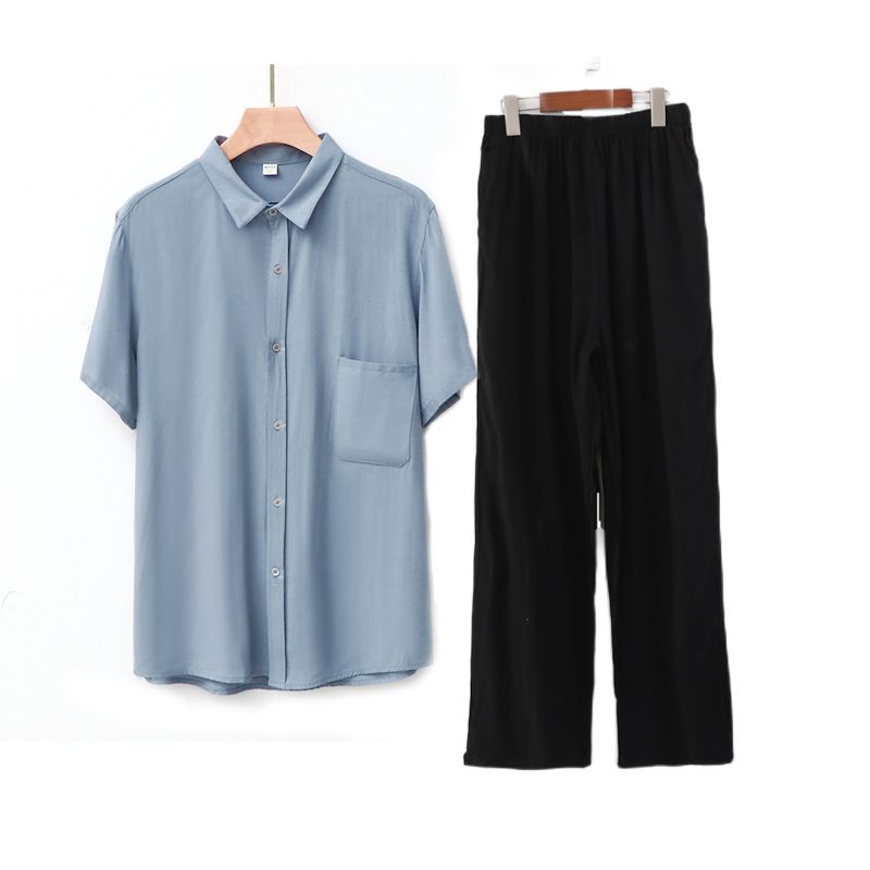Men Rayon Short Sleeve Suit Set Summer Thin Casual Gray blue top + navy blue trousers XXL — image 6
