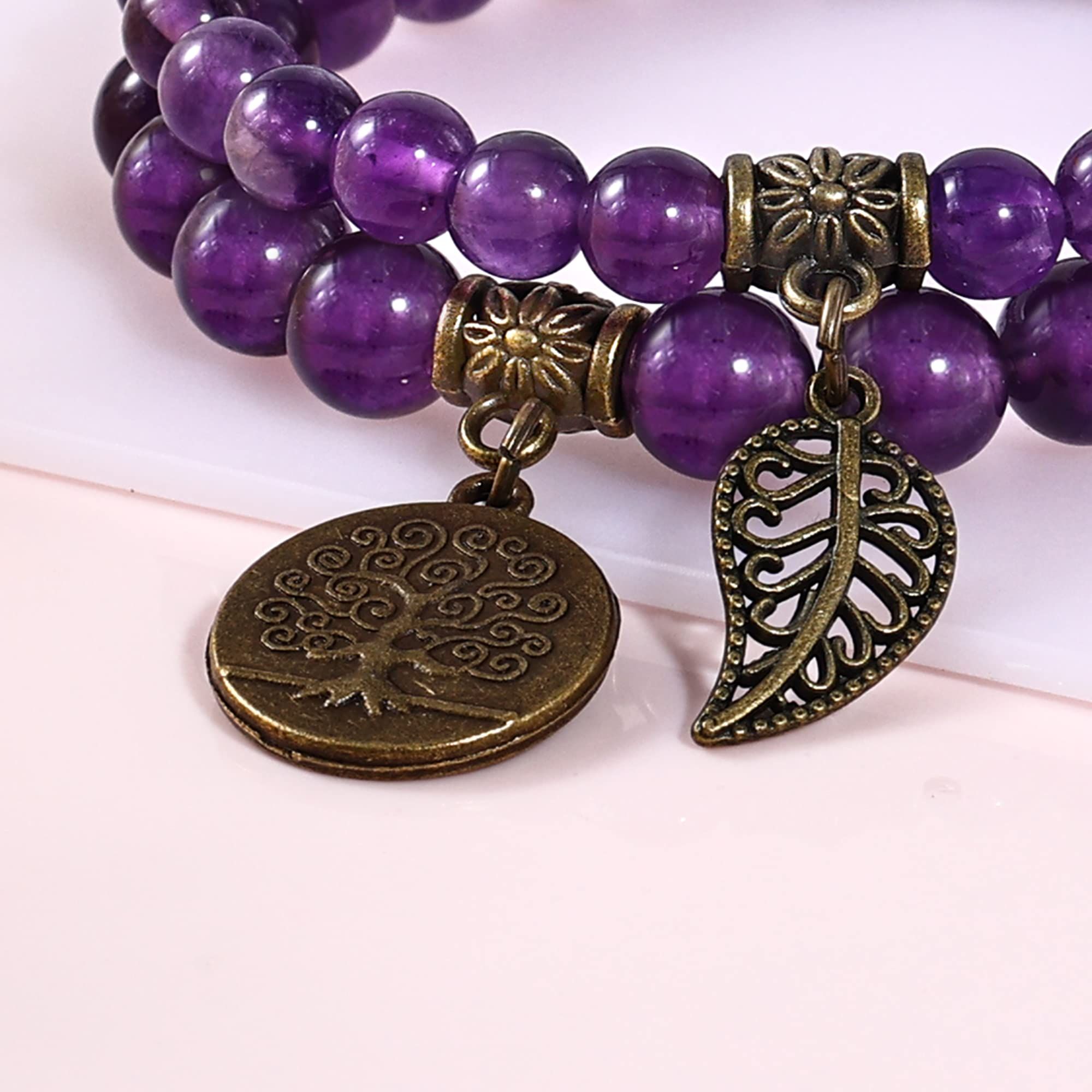 Ladies' Stone Bead Bracelet - Life Tree and Leaf Charm Energy Elastic Bracelet Purple Bracelet Hand String Jewelry โ image 3