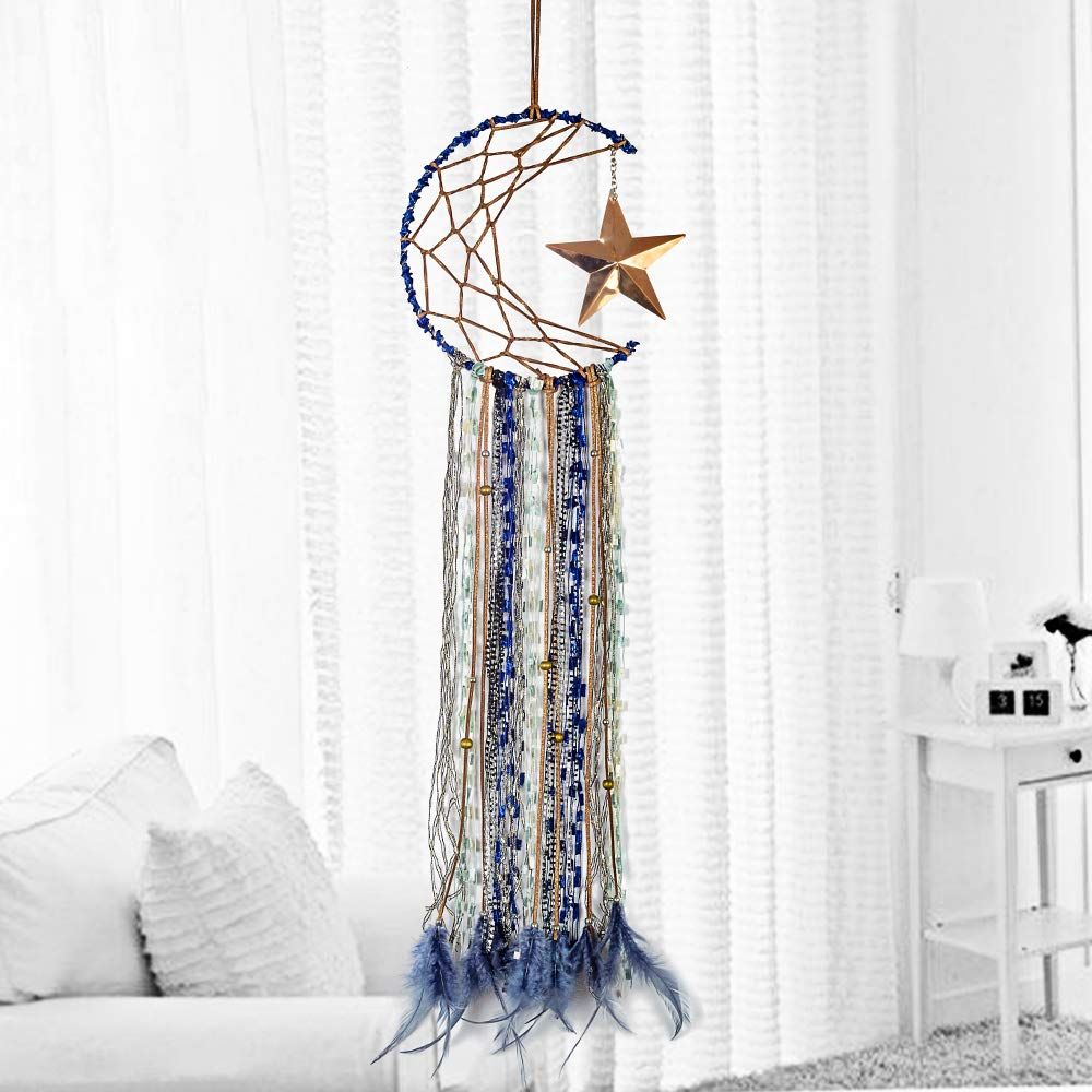Blue Dream Catcher Handmade Half Circle Moon Design Dream Catcher Feather Hanging with Star Home Decoration Ornament — image 4