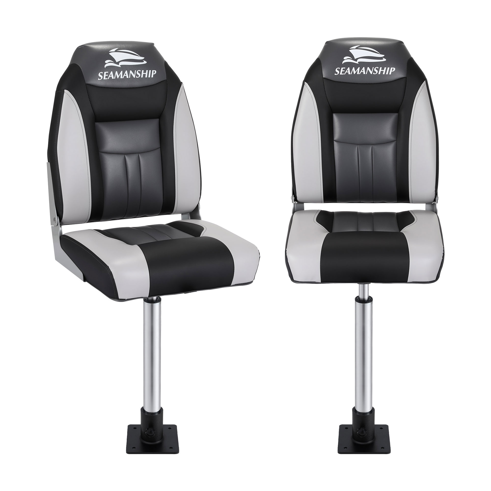 Seamanship 2X Folding Boat Seats with 2X Adjustable Pedestals 55–75cm Marine Seat Swivel High Back 12cm Padding Black
