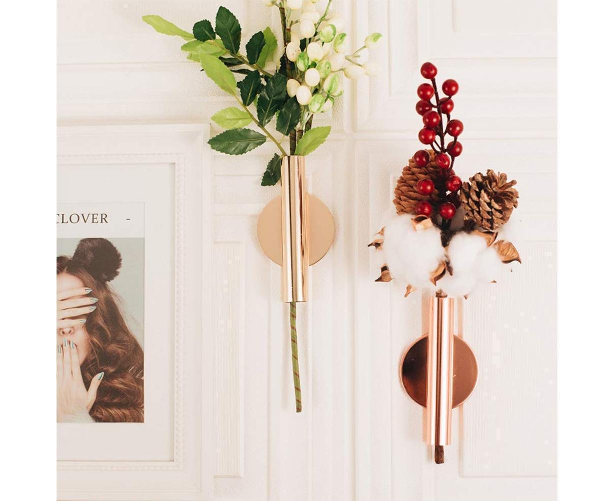 Wall Mounted Adhesive Metal Dried Flower Vase Tube Home Garden Balcony Decor-Rose Gold — image 3
