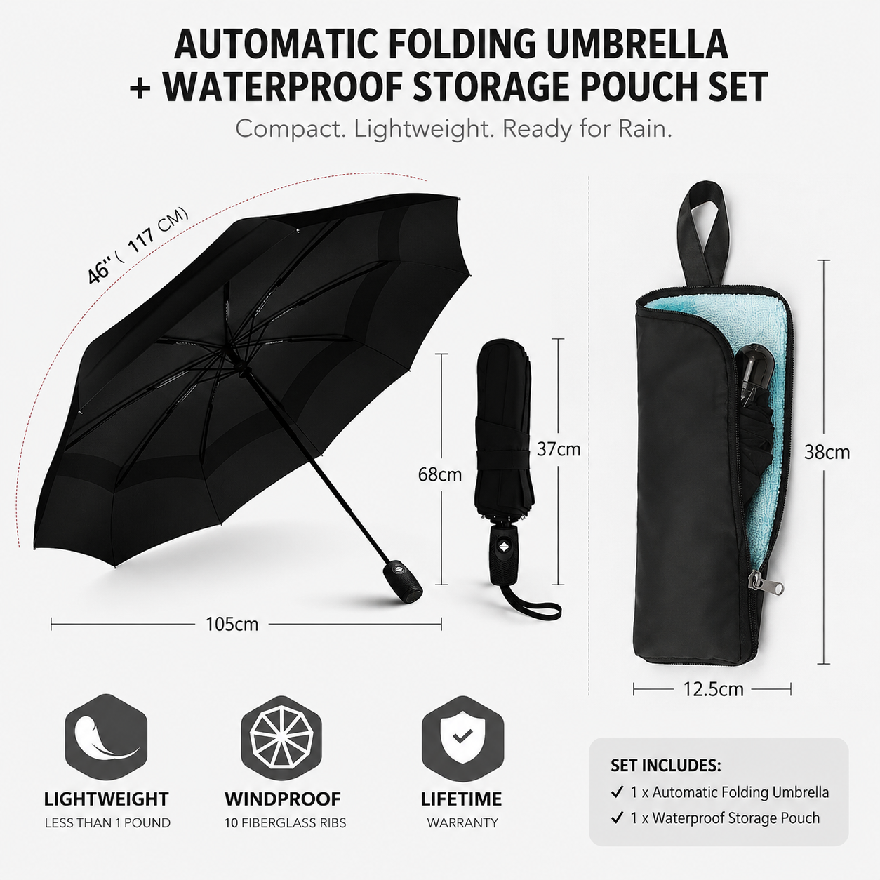 46 inch Black Windproof Automatic Travel Folding Umbrella and Black Absorbent Hanging Storage Pouch Set – Compact 3-Fold Auto Open Close Umbrella wth Double