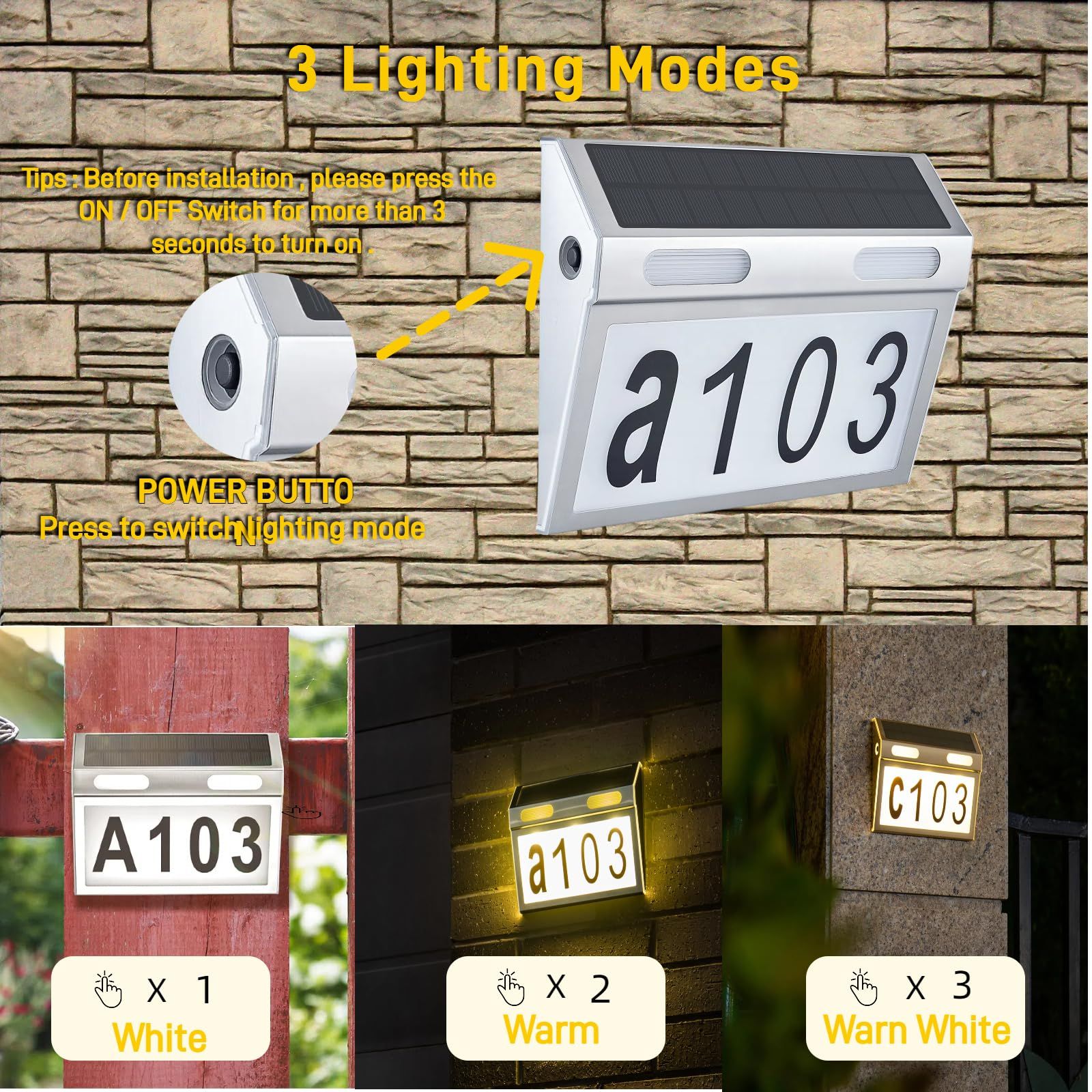 Solar House Numbers for Outside, Metal Waterproof Solar Address Sign Plaque Lights Outdoor LED Illuminated for Outside House Yard — image 4