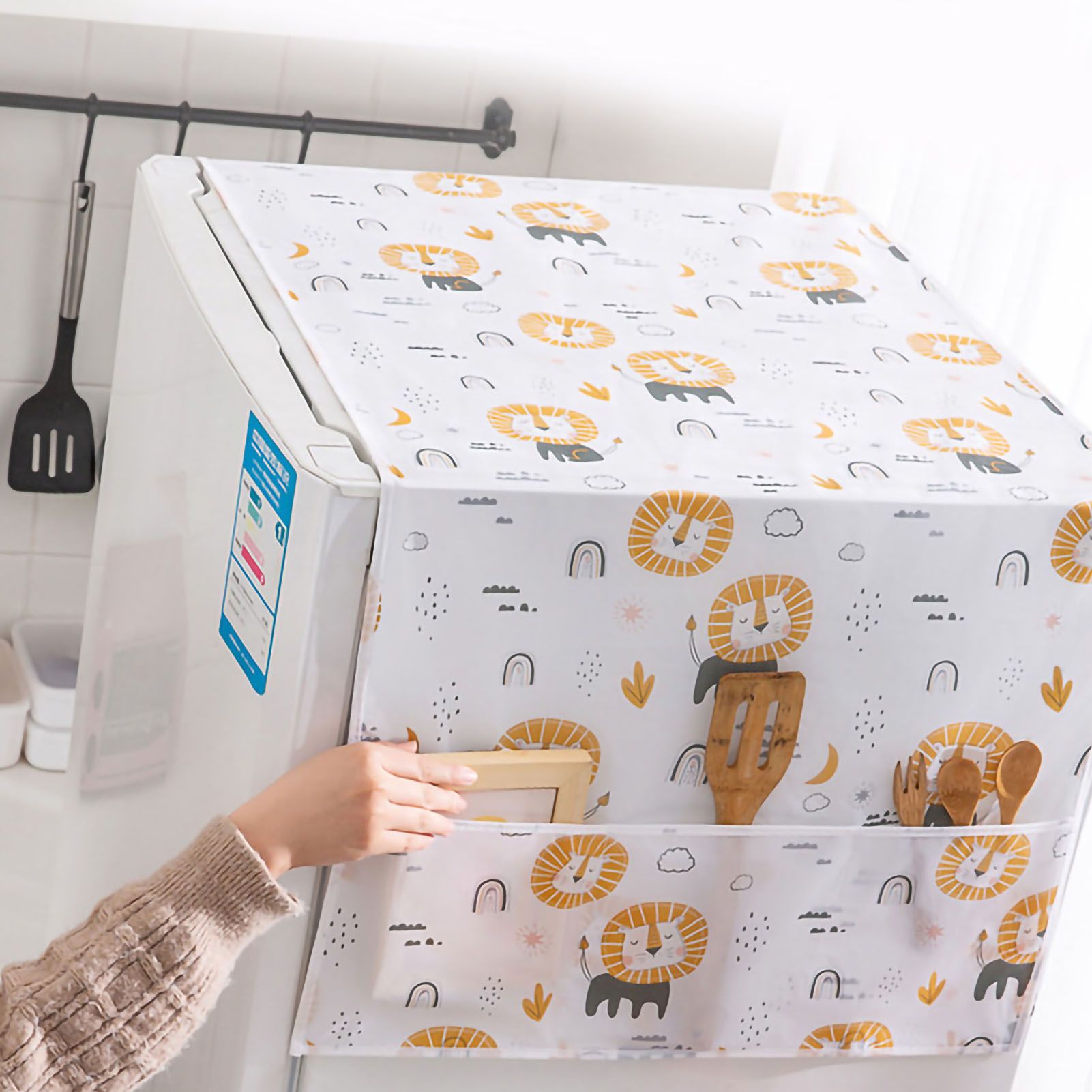 Refrigerator Dust Cover PEVA Home Water and Oil Proofing Refrigerator Cover Towel for Kitchen Lion 130x55cm/51.2x21.7in โ image 5