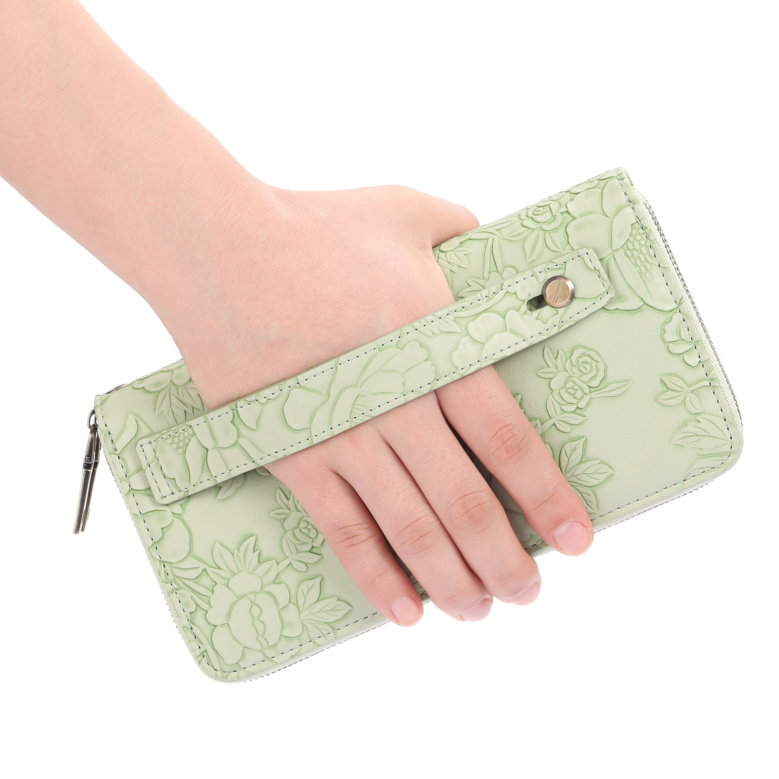 Women's Large Capacity Double Zip Wallet Clutch | PU Leather Floral Embossed Wristlet | Phone Holder with 24 Card Slots - Black — image 2