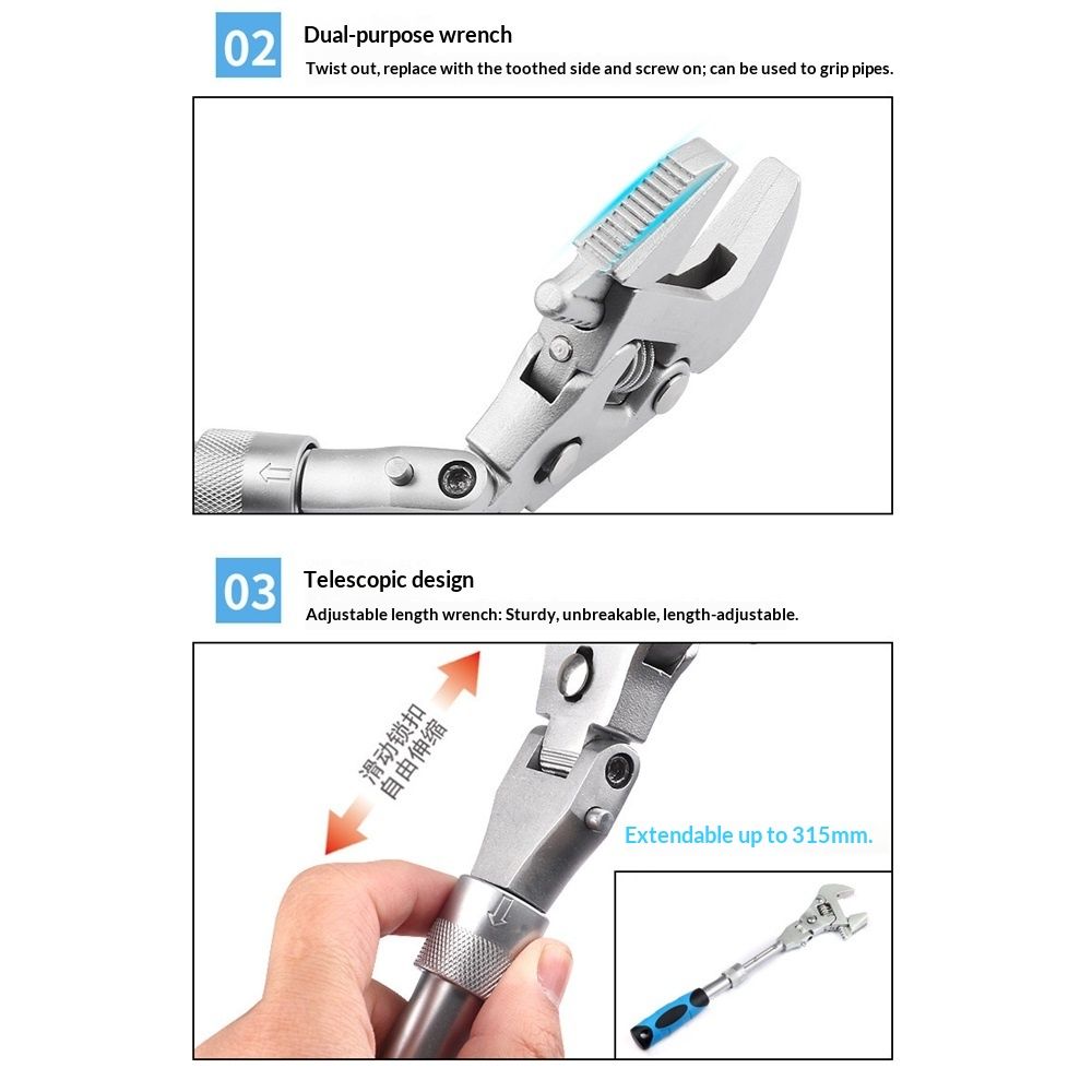 5 in 1 Flex Head Adjustable Wrench, Reversible Jaw Pipe Wrench with Retractable Extension Shank and 180⁰ Rotatable Head — image 3