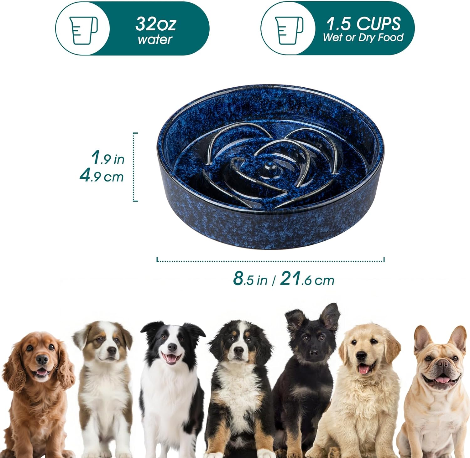 Slow Feeder Dog Bowl, 1.5 Cups Ceramic Slow Feeder for Medium Breed, Puzzle Maze Dog Food Bowl for Fast Eater, Blue — image 2