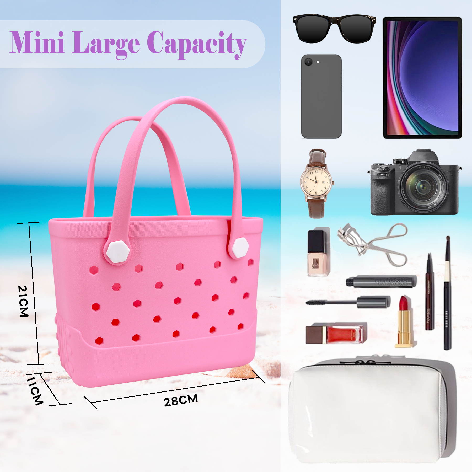 Waterproof Hexagon Mesh Beach Bag - Large Capacity Travel Storage Tote for Swimwear Towel Sunglasses - Pink Small 28x21x11cm โ image 4