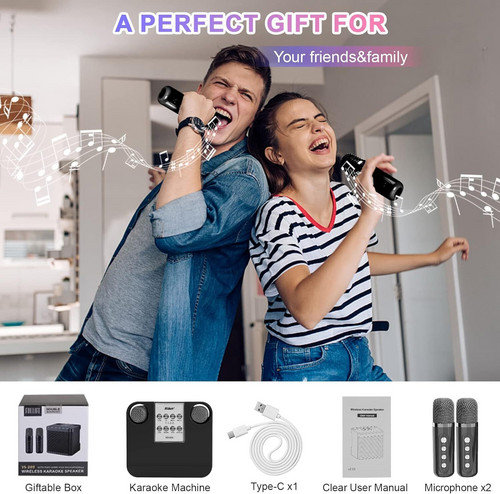 Black Karaoke Machine with 2 Wireless Microphones Bluetooth-Compatible 5.0 for Parties — image 5