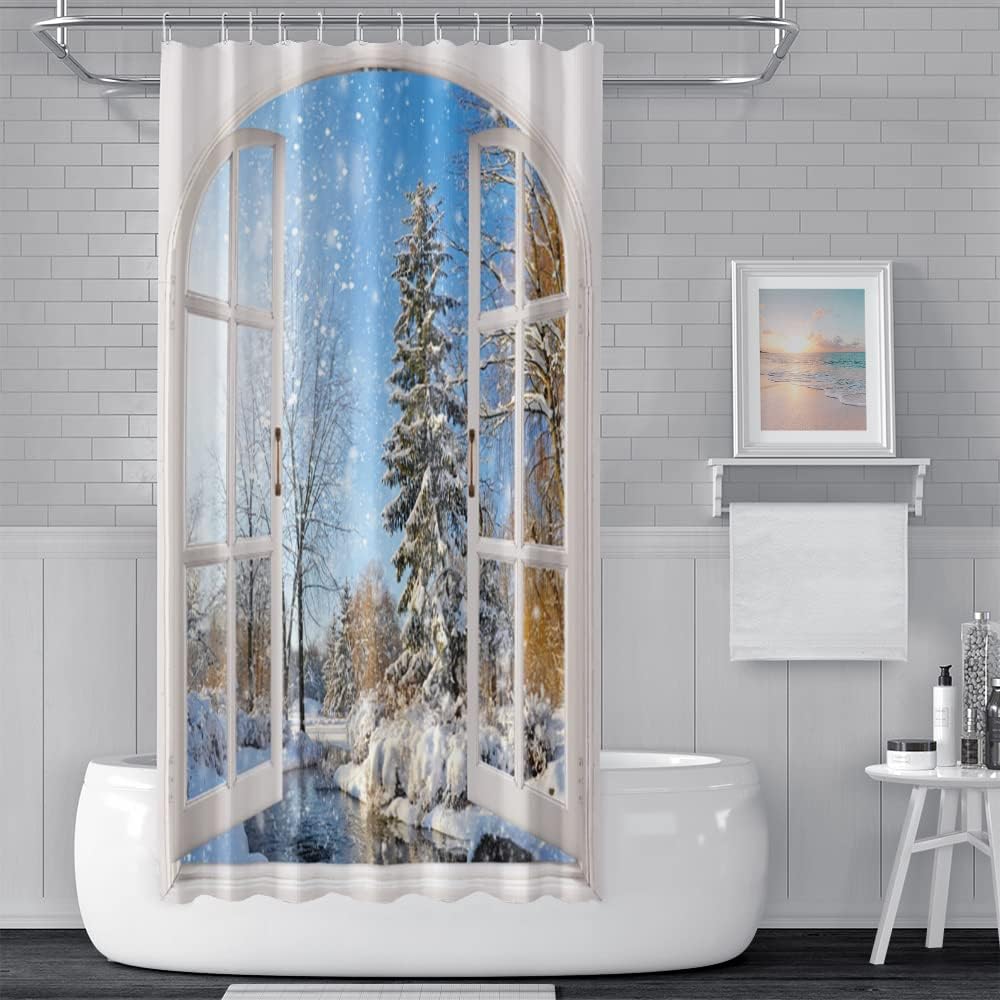 Winter Snowy Shower Curtain, Window View Blue Sky Winter Christmas Tree River Nature Snowy Scene Bath Curtains for Holiday 180cm x 180cm — image 2