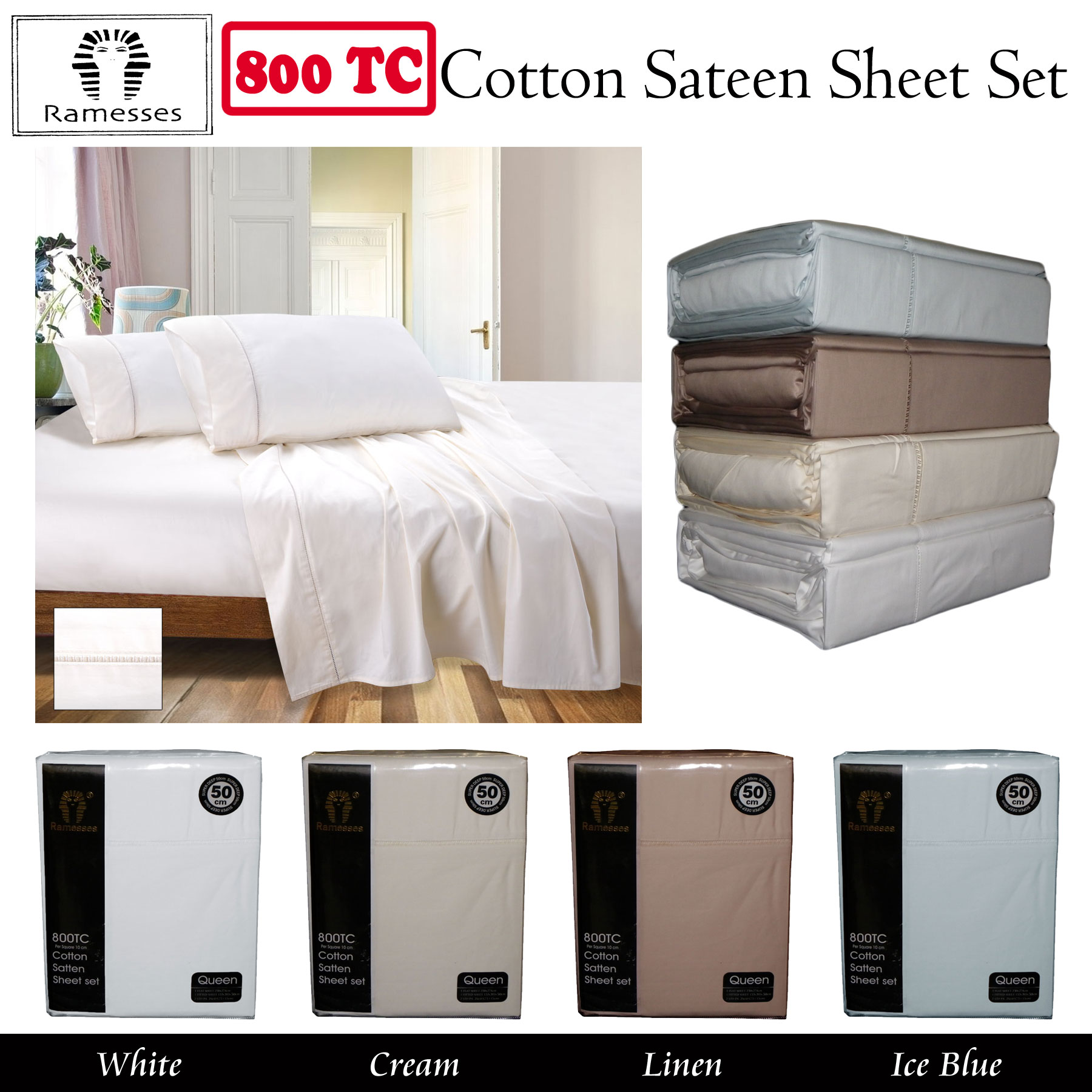 800TC Ramesses Cotton Sateen Sheet Set White King — image 2
